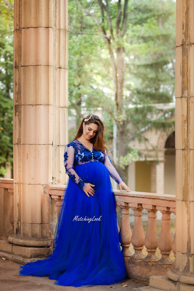 Shop Blue Maternity Dress, Royal Blue Baby Shower Dress, Maternity Photoshoot Dress, Pregnancy Dress, Elegant Dress, Tulle Train Dress, Formal