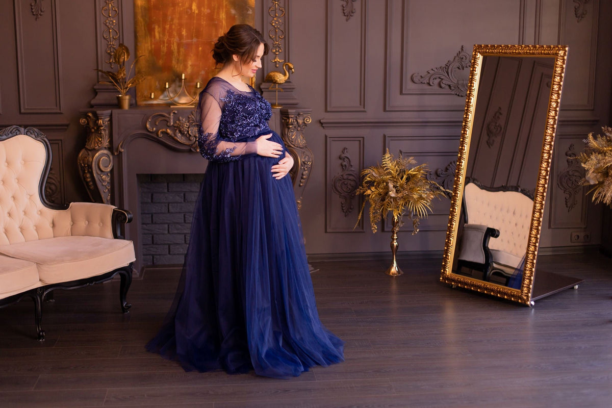 Navy Blue Maternity Dress, Baby Shower Dress, Long Lace Dress, Tulle Maternity Dress For Photoshoot, Pregnancy Gown, Maternity Gown, Ball S / Baby