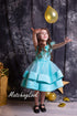 Flower girl/birthday/dressy teal cupcake girls knee length dress with ostrich feathers