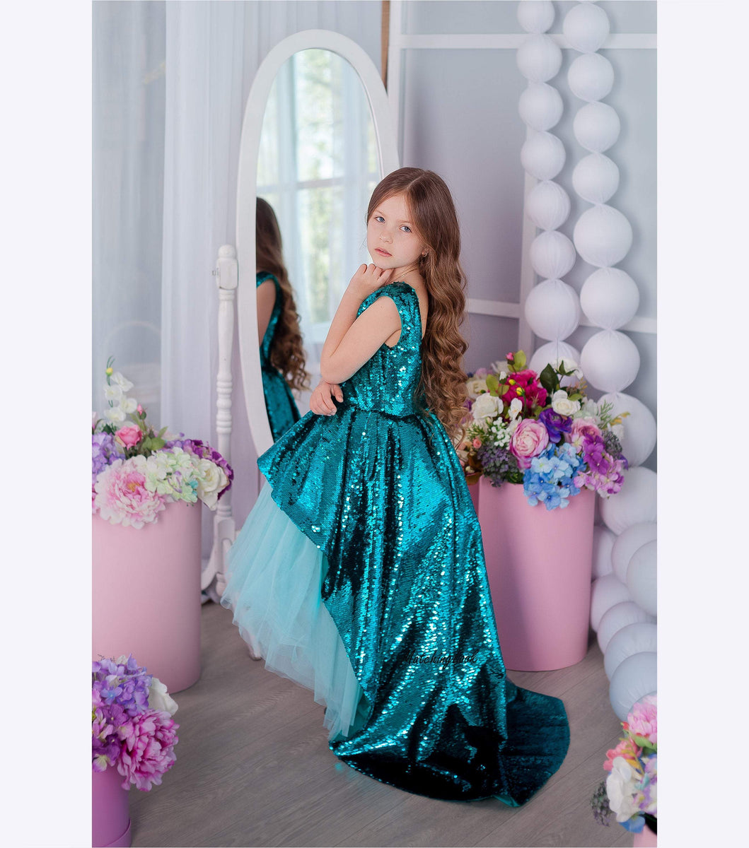 Shop Princess Little Mermaid Turquoise Sequin Dress - Customizable and Made-To-Order Dresses 4T / Rose Gold