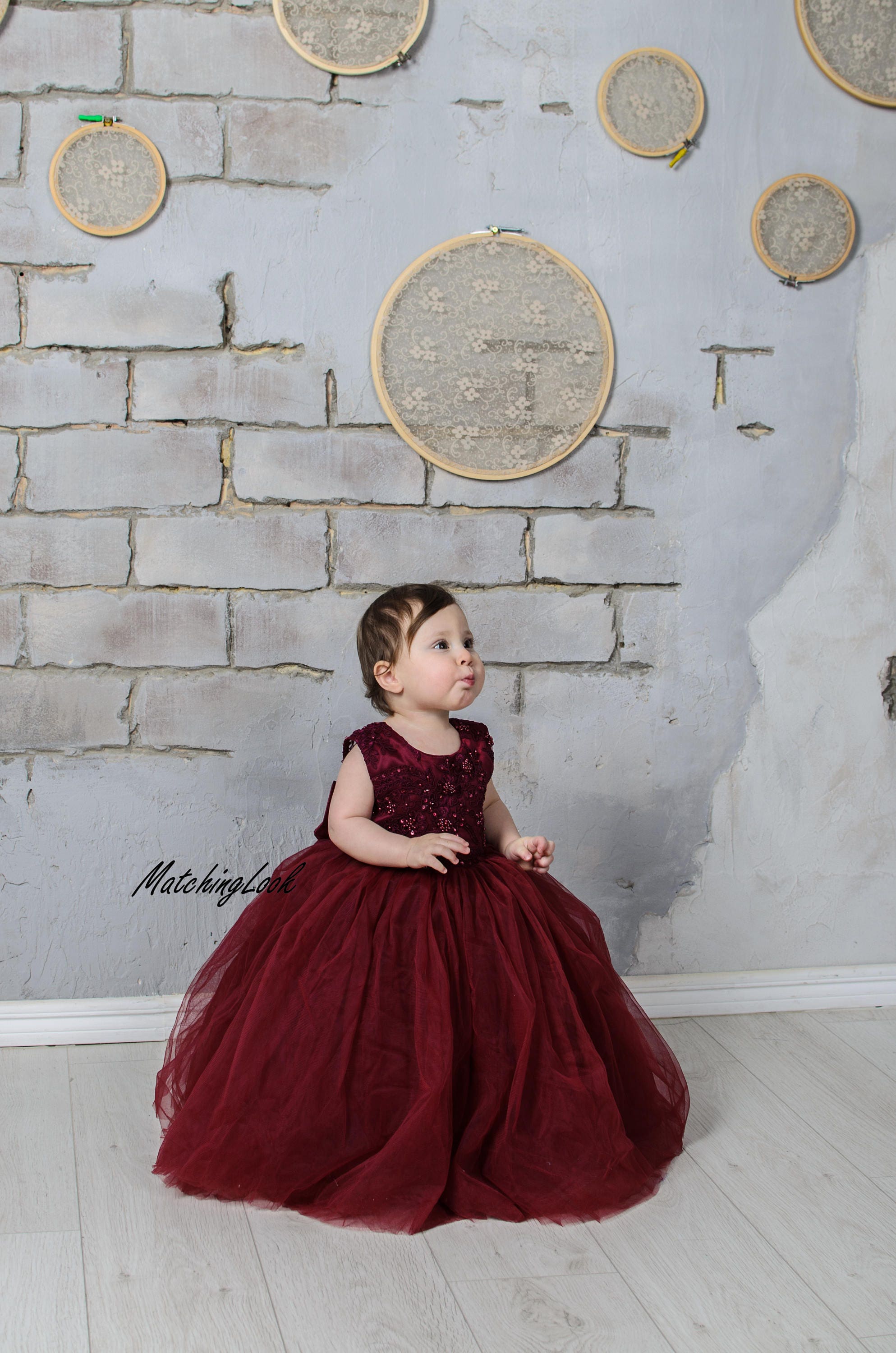 girls dress burgundy Burgundy Long Sleeve Sequins Tulle Flower Girl Dresses main image 0
