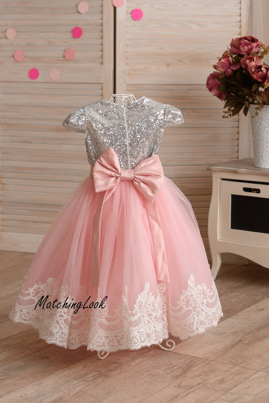 Shop Princess Sequin Lace Tutu Dress Flower Girl Sequin Dress with Bow, Princess Full Dress, Girls Silver Sequin Dress, Birthday Dress
