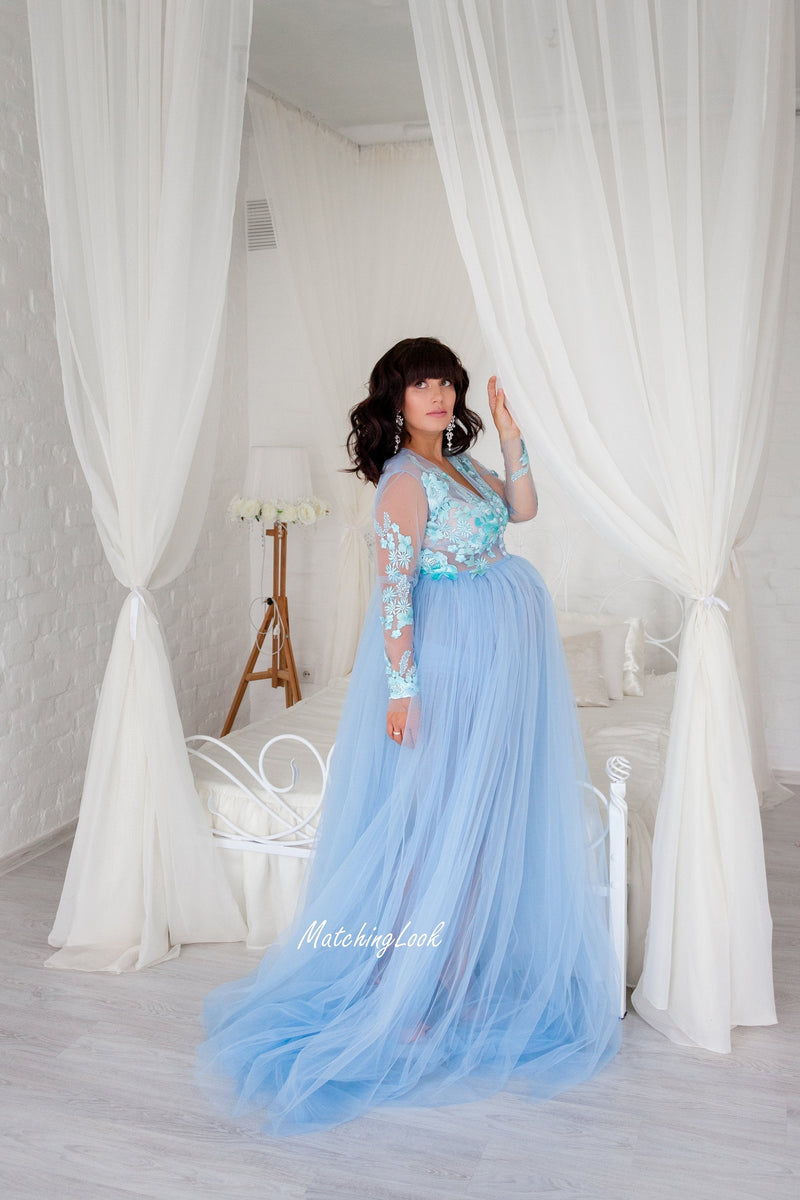 Shop Blue Maternity Dress, Formal Dress, Maternity Photoshoot Dress, Baby Shower Dress, Boudoir Gown for Photoshoot, Tulle Maxi Dress,Long Sleeve