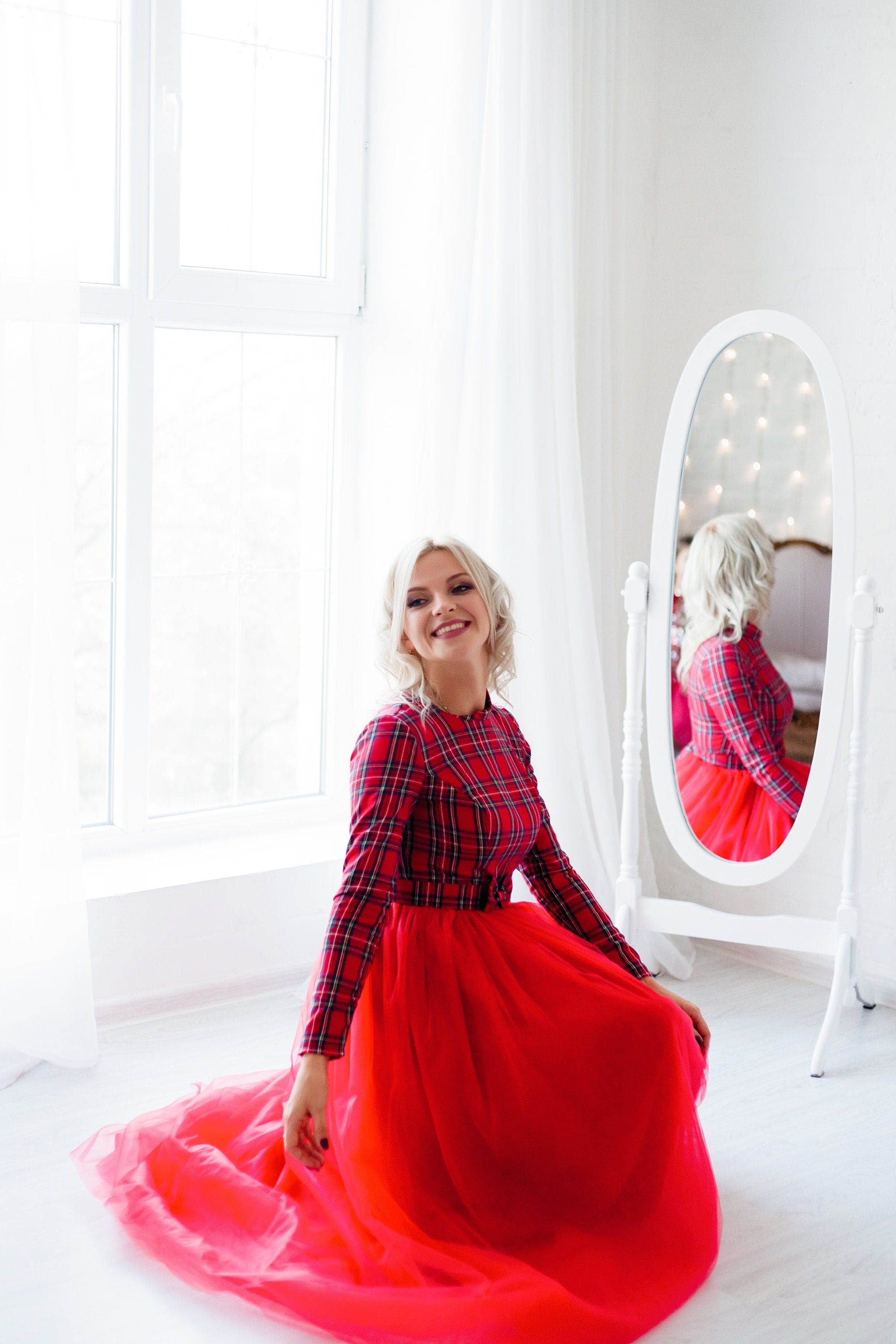 Matchinglook Christmas Dress Women Red Plaid Dress Christmas Photo Prop Holiday Dress Christmas Photography Dress Red Tartan Dress Long Sleeve 8