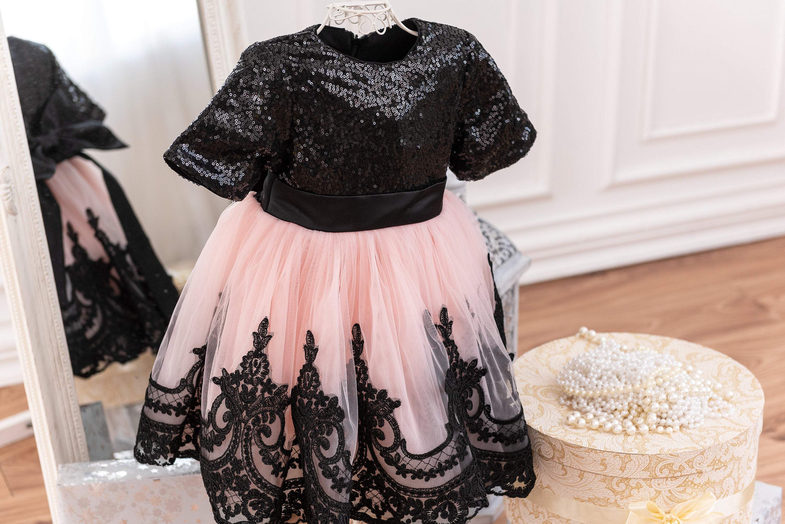Shop Black sequin and soft pink tulle girl party dress