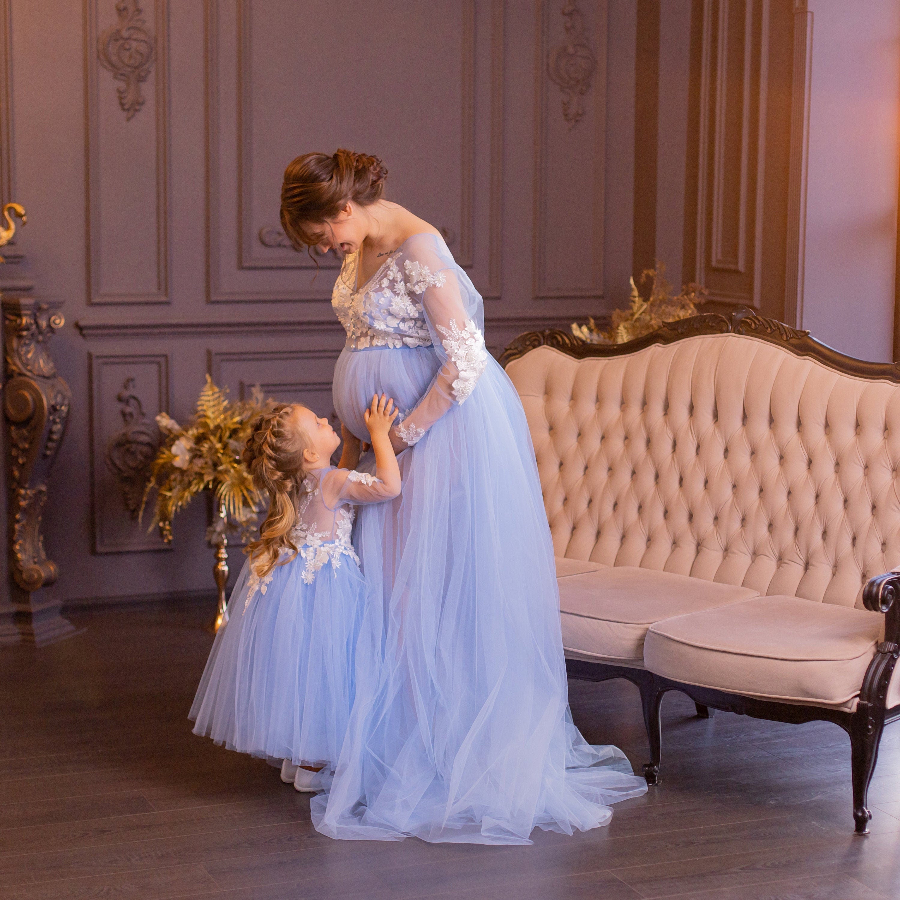 Shop Dusty Blue Mommy and Me Maternity Dress, Maternity Ball Gown, Pregnancy Photoshoot Dress