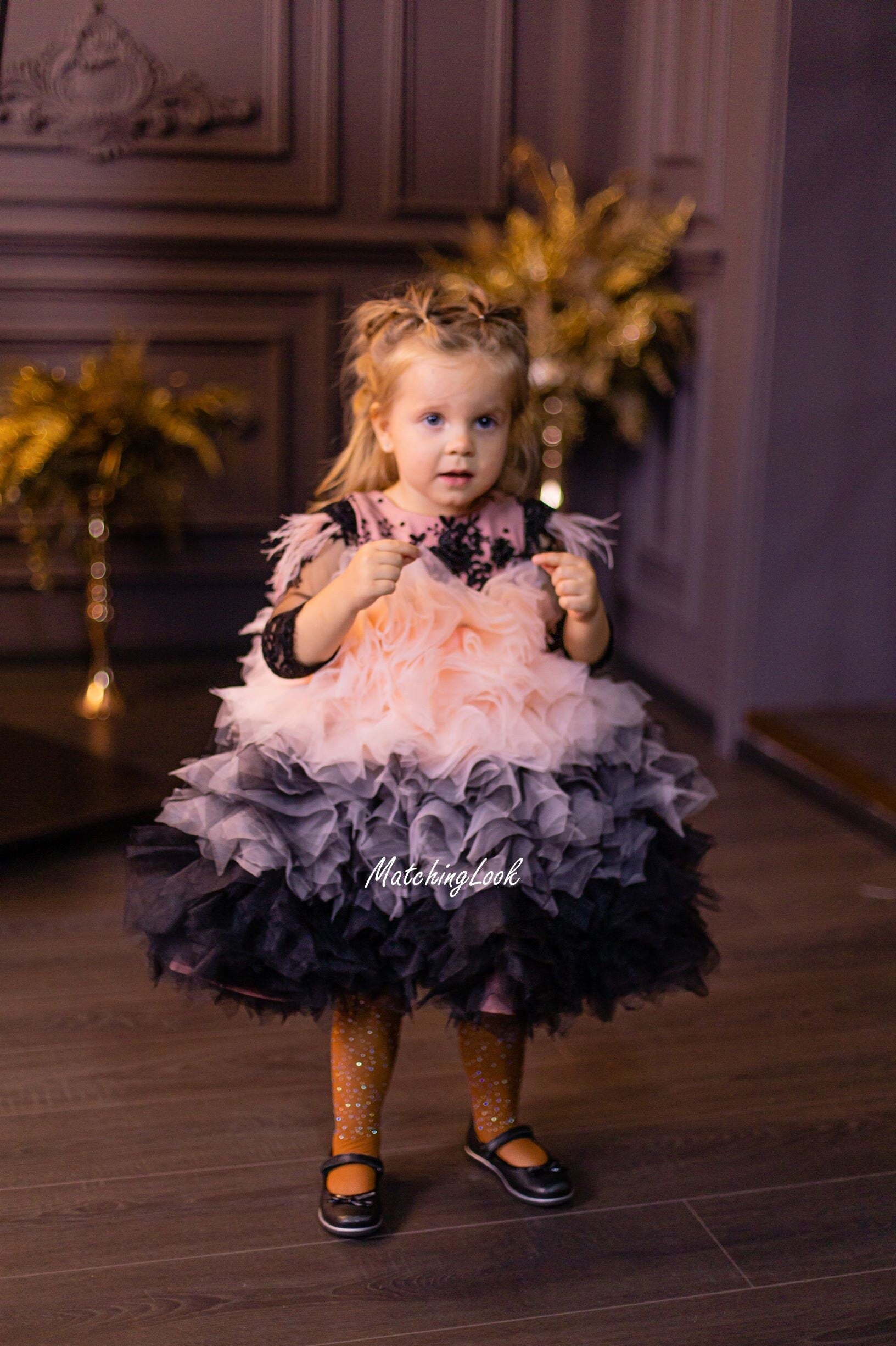 Black Peach Lace Tutu Ruffle Girl Party Dress with Sleeves andd Puffy Skirt 4T