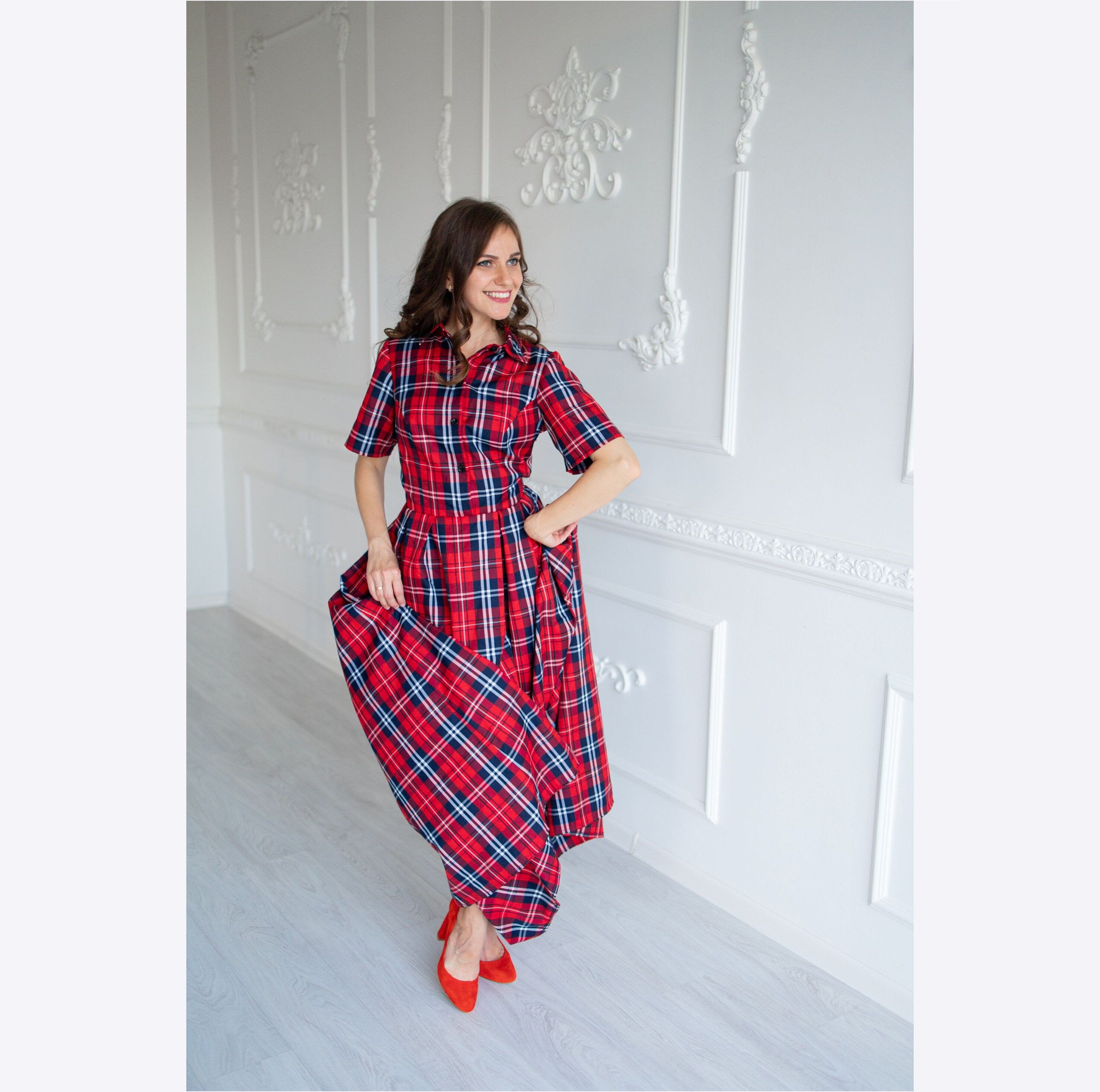 Shop Tartan Dress, Red Plaid Dress For Women, Christmas Dress, Winter Holiday Dresses, Red Shirt Dress, Photoshoot Dress, Xmas Party Dress