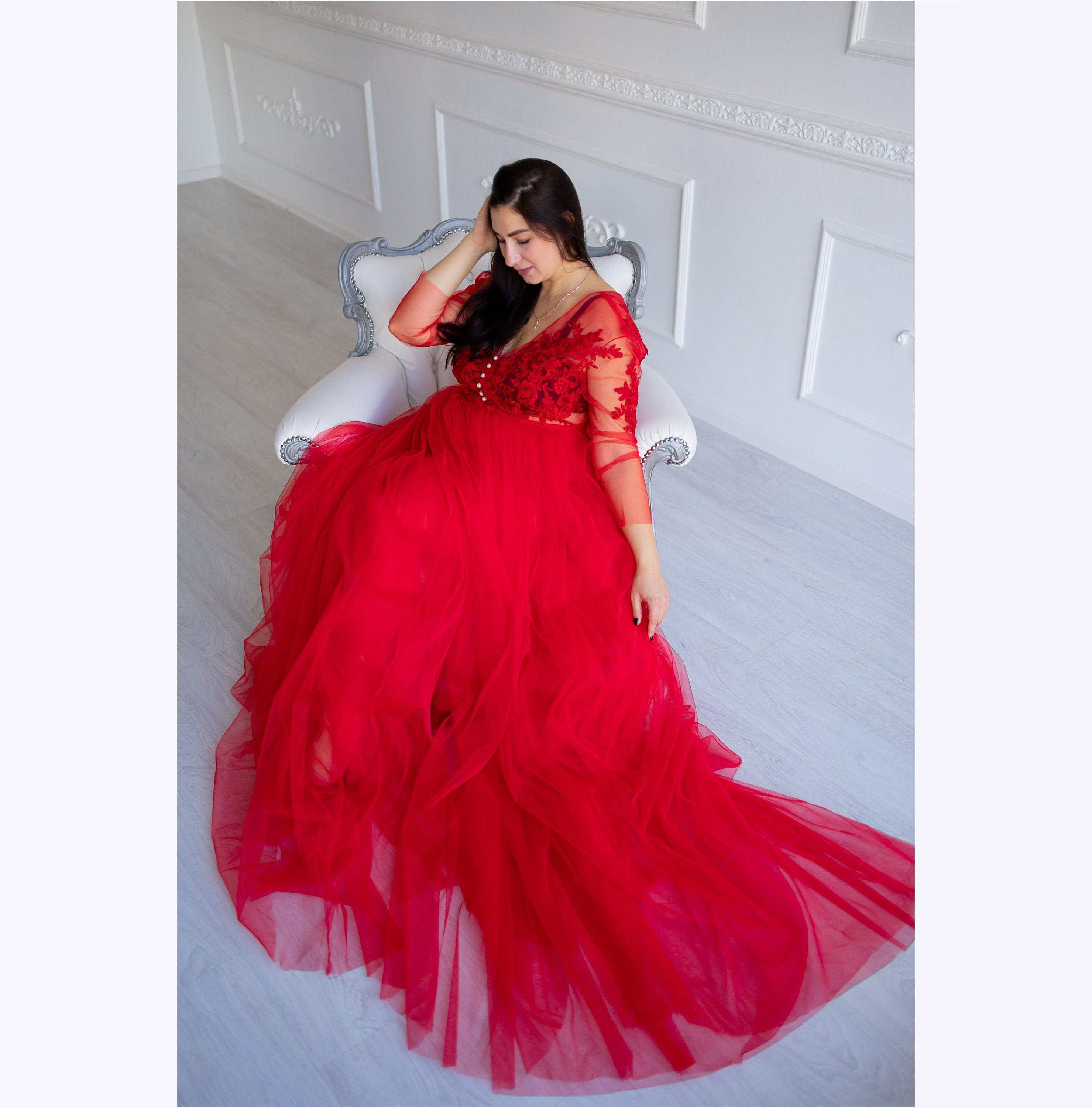 Shop Red Tulle Dress, Long Sleeve Maternity Dress, Pregnancy Dress