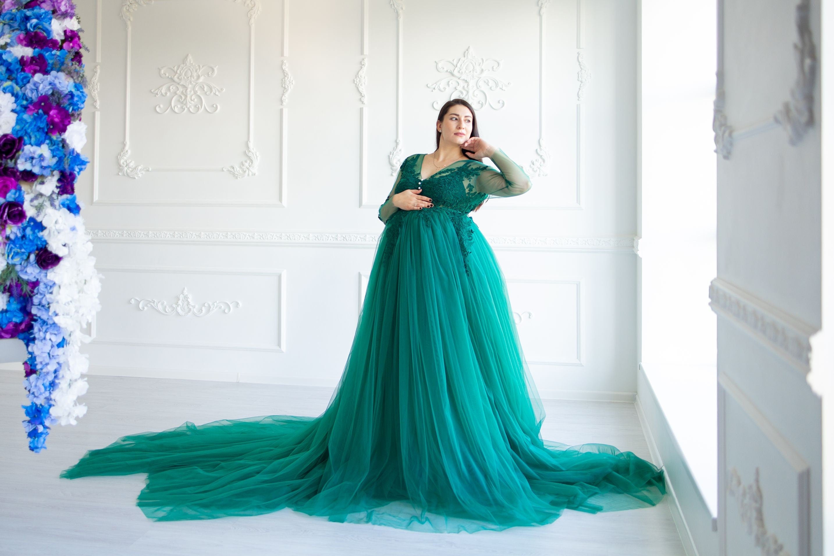 Shop Emerald Maternity Dress, Tulle Maternity Gown, Teal Maternity Robe, Pregnancy Lace Dress, Maternity Photoshoot, Emerald Wedding Gown - Shop Emerald Maternity Dress, Tulle Maternity Gown, Teal Maternity Robe, Pregnancy Lace Dress, Maternity Photoshoot, Emerald Wedding Gown -