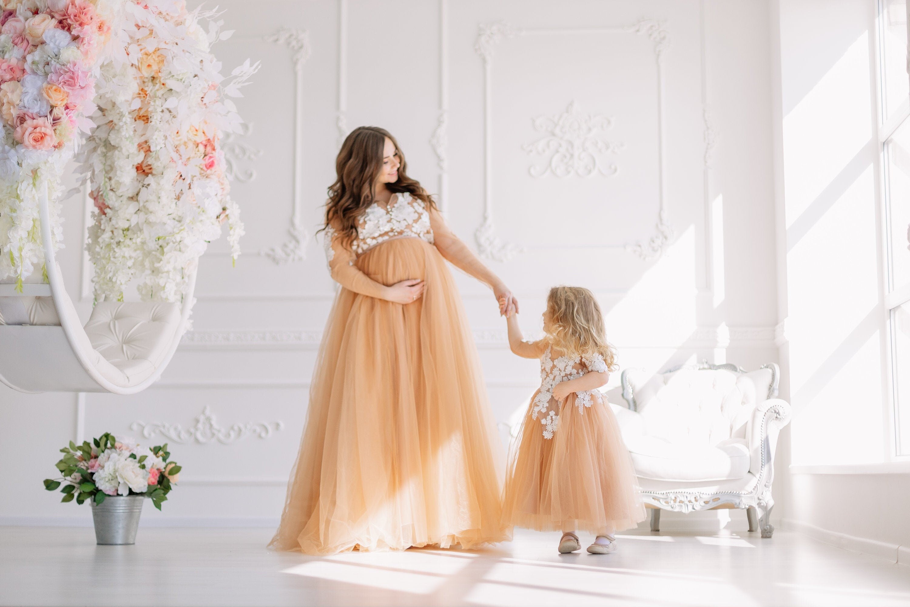 Beige Mommy and Me Maternity Dress, Matching Photoshoot Dress, Empire Waist Dress, Nude Maternity Gown, Pregnancy Lace Dress, Girl Dress M / 10 Beige Mommy and Me Maternity Dress, Matching Photoshoot Dress, Empire Waist Dress, Nude Maternity Gown, Pregnancy Lace Dress, Girl Dress M / 10
