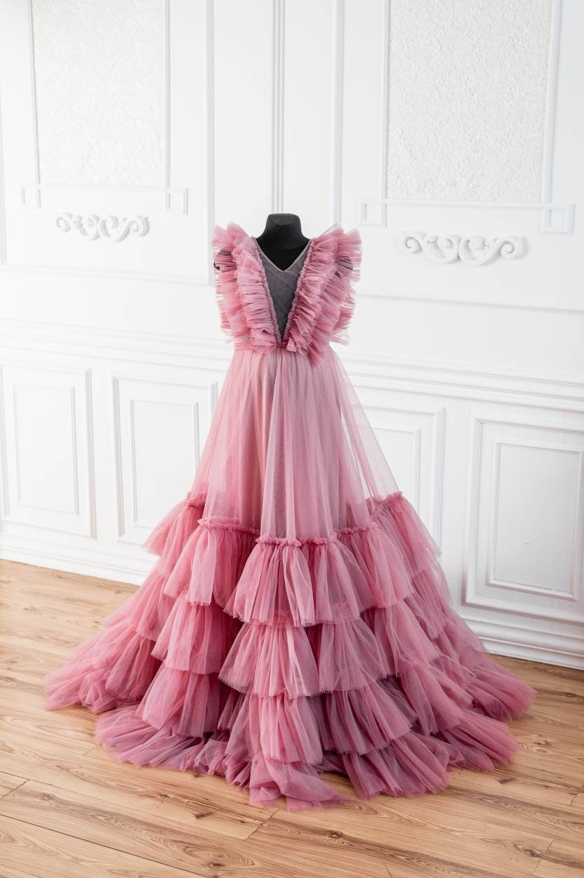 open lace back dress Shop Dusty Pink Tulle Gown, Ruffle Tulle Dress for Photoshoot, Boudoir Dressing Gown, Old Hollywood Gown, Maternity Dress, Baby Shower Dress -