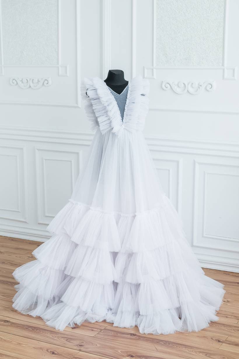 white maternity dress for baby shower Shop White Maternity Baby Shower Dress, Tulle Maternity Dress For Photoshoot, White Wedding Gown, Maternity Gown