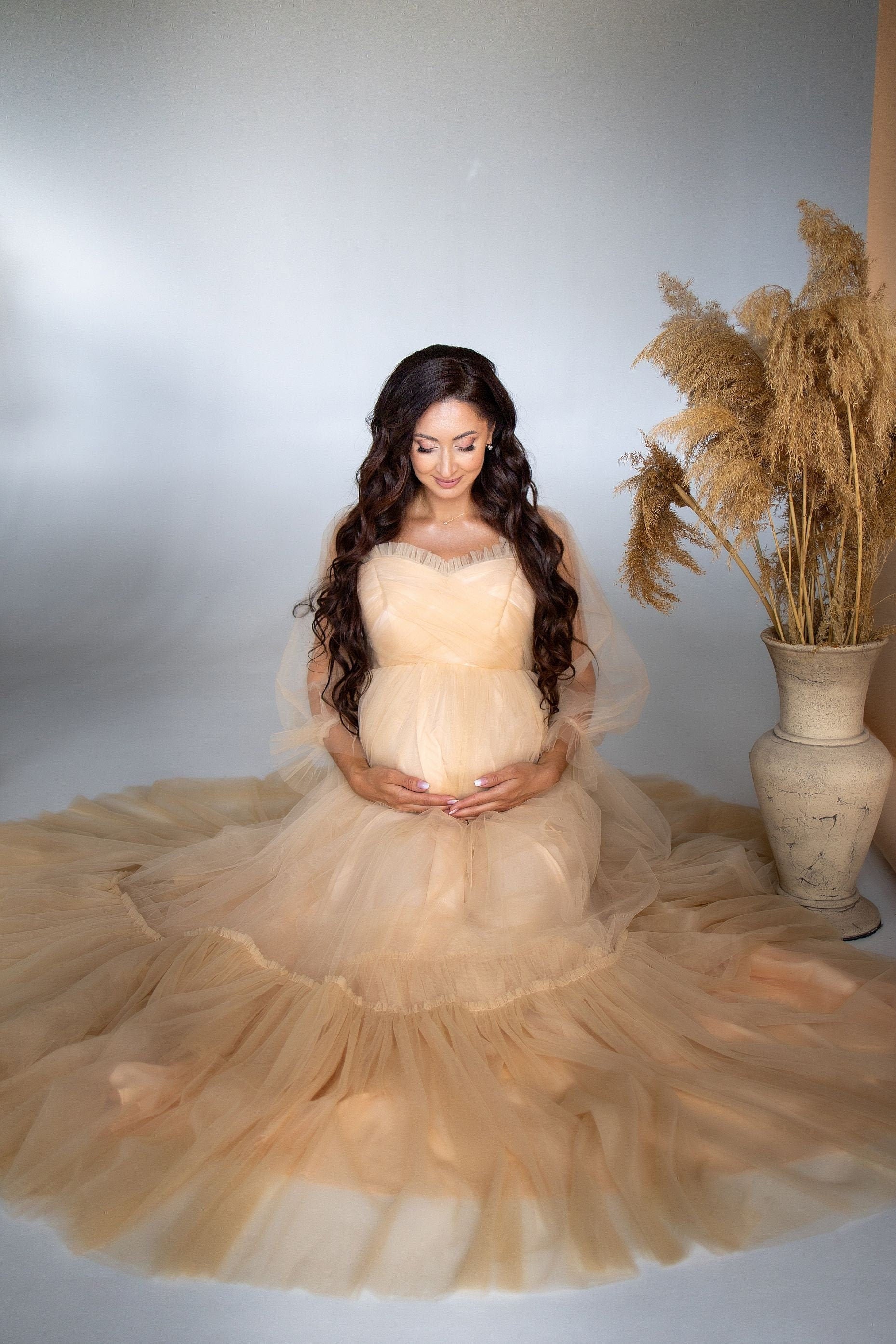 Shop Baby Shower Dress For Mommy To Be, Tulle Maternity Dress, Pregnancy Gown For Photoshoot, Beige Maternity Wedding Dress, Bridal Maternity