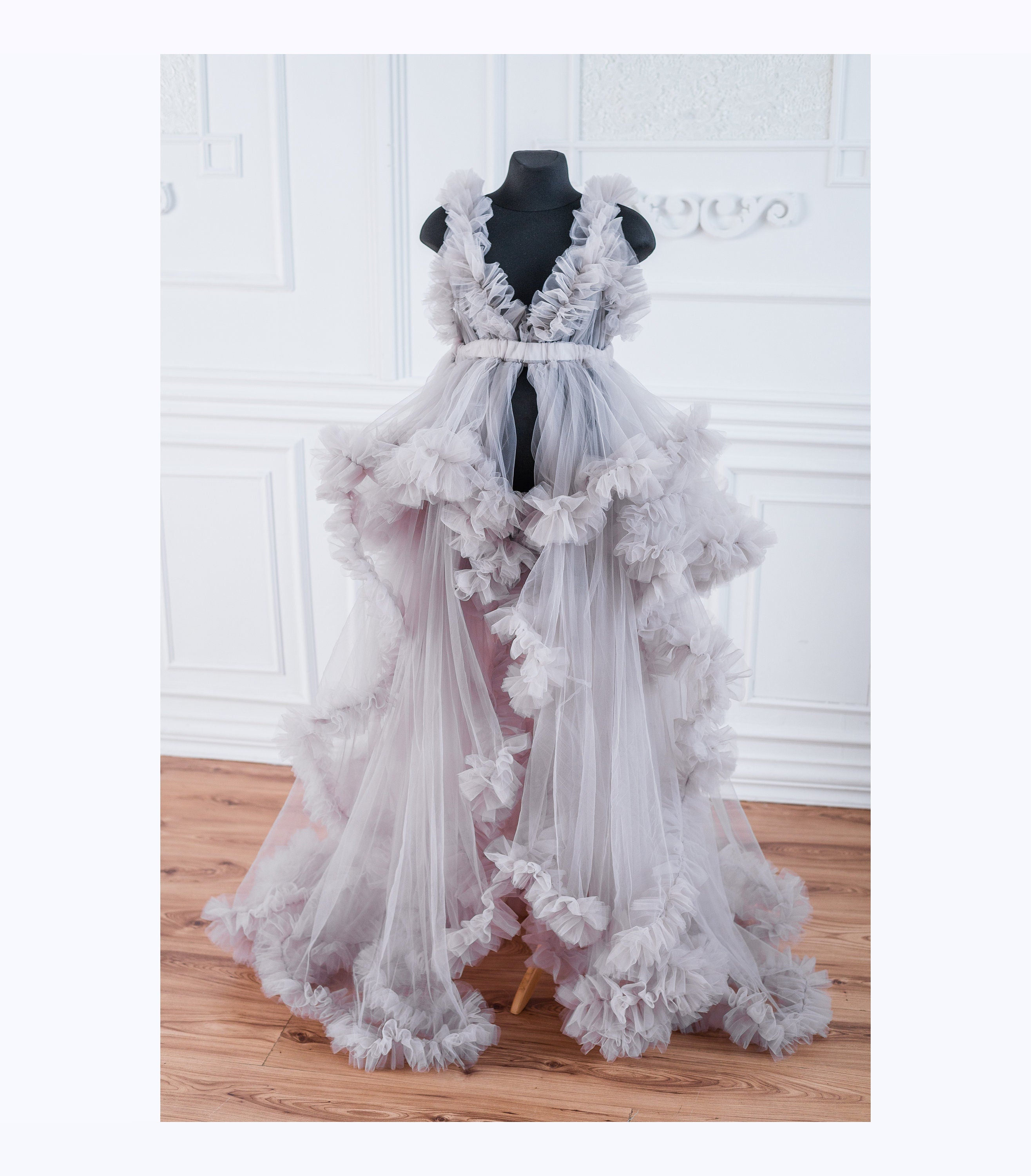 Grey Ruffle Maternity Dress, Open Belly Maternity Robe, Tulle Maternity Dress, Tulle Ruffle Pregnancy Gown Eggplant / One size