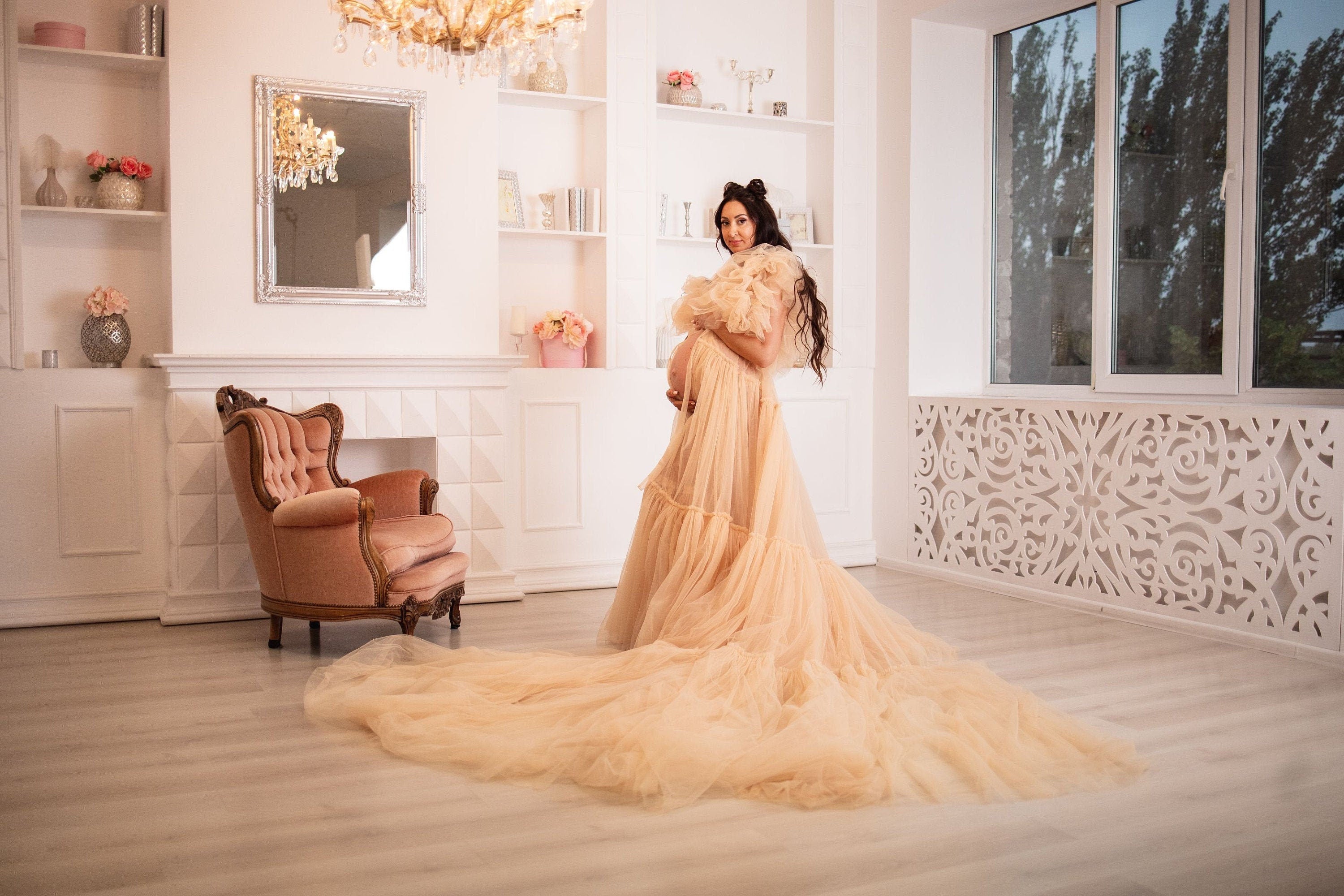 beige photoshoot dress Momyknows Beige 2 Piece Smocked Ruffle Backless Flowy Elegant Vacation Beach Photoshoot Maternity Maxi Dress, Beige / S