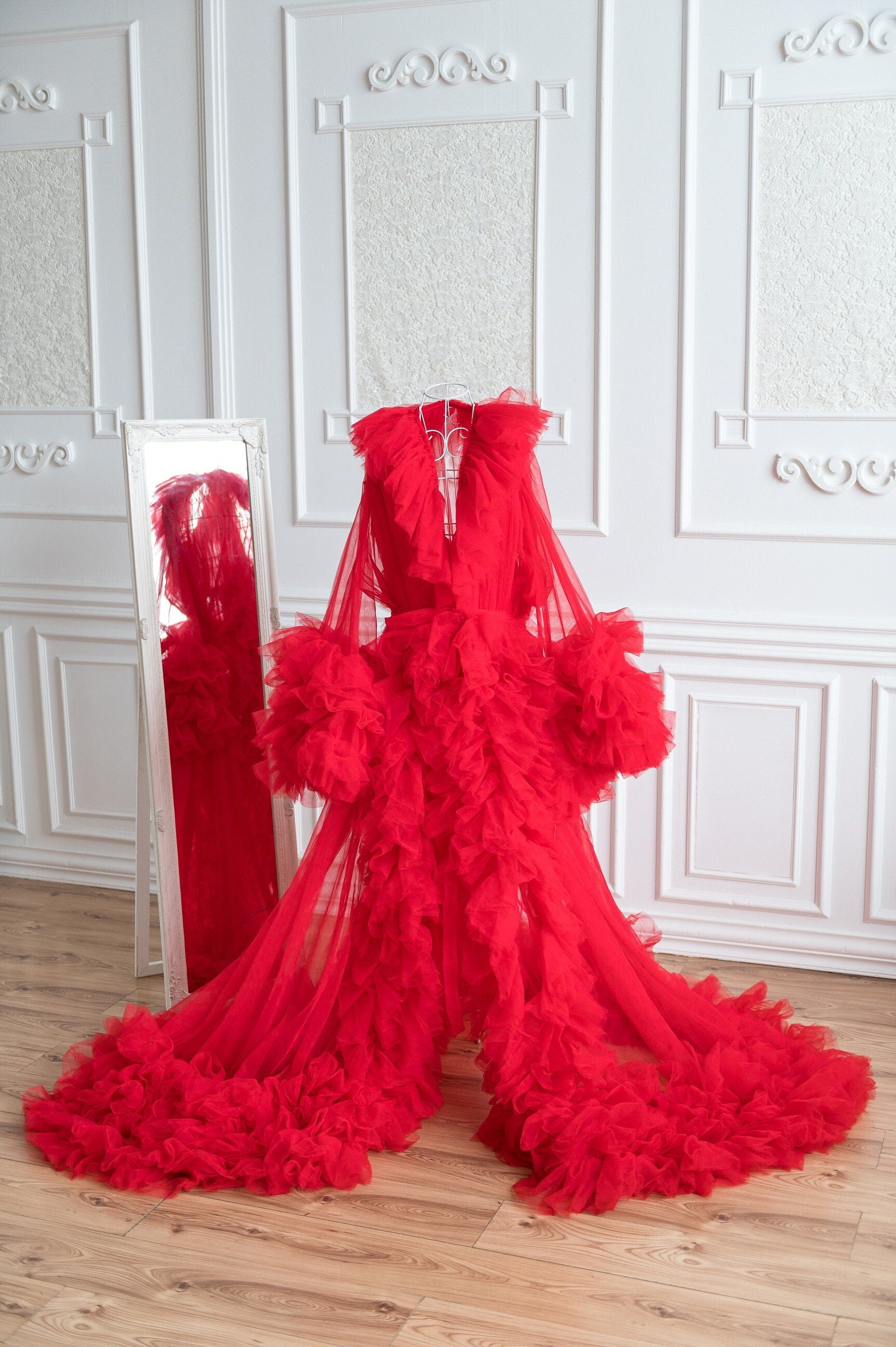 Shop Red Boudoir Dress For Photoshoot, Old Hollywood Robe, Ruffle Tulle Widow Robe, Photography Bridal Shower Gown, Maternity Photoshoot, Luxury