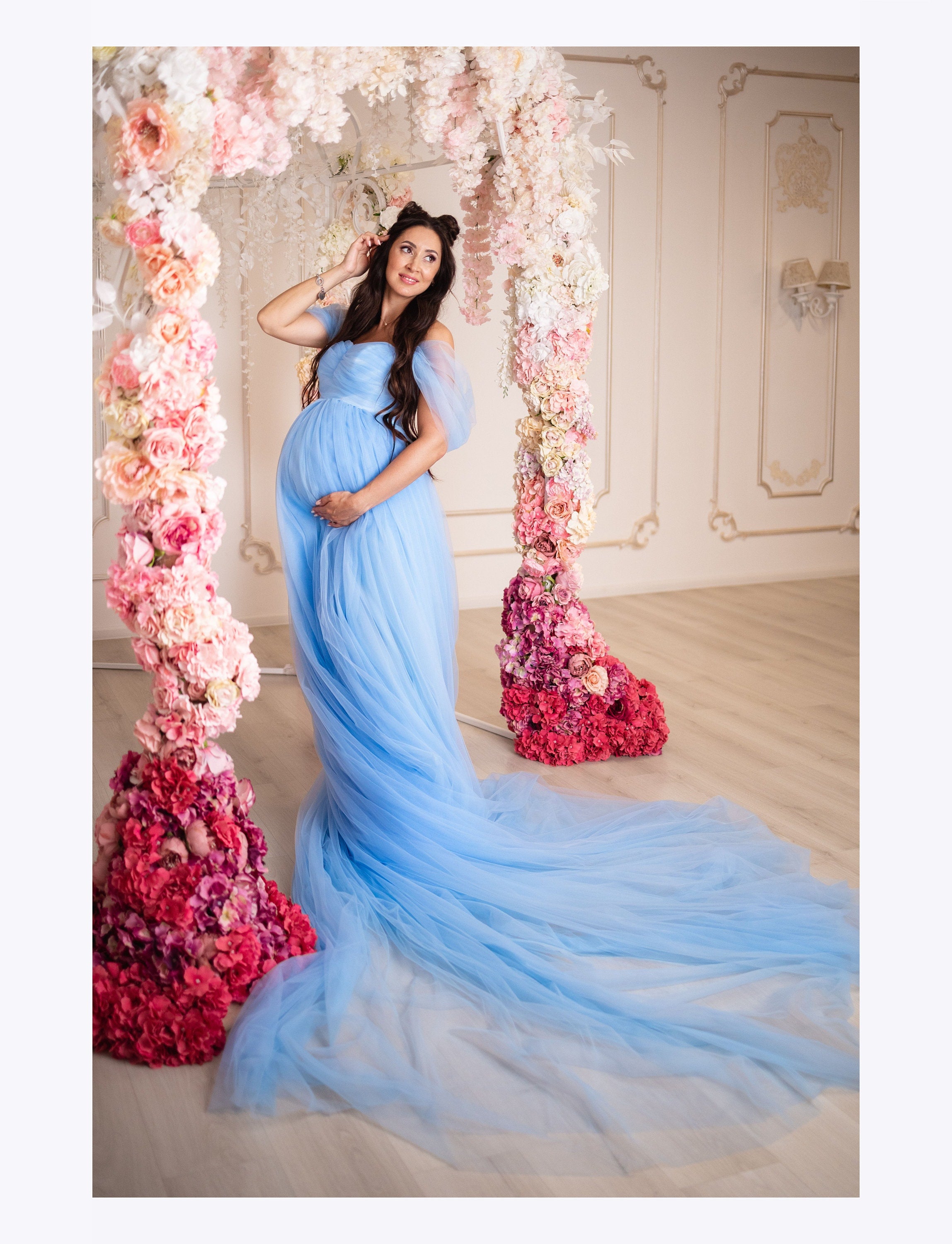 Shop Sky Blue Maternity Dress With Train, Ready To Ship, Baby Shower Tulle Dress, Infinity Dress For Photoshoot, Pregnancy Tulle Dress, Floor - Shop Sky Blue Maternity Dress With Train, Ready To Ship, Baby Shower Tulle Dress, Infinity Dress For Photoshoot, Pregnancy Tulle Dress, Floor -