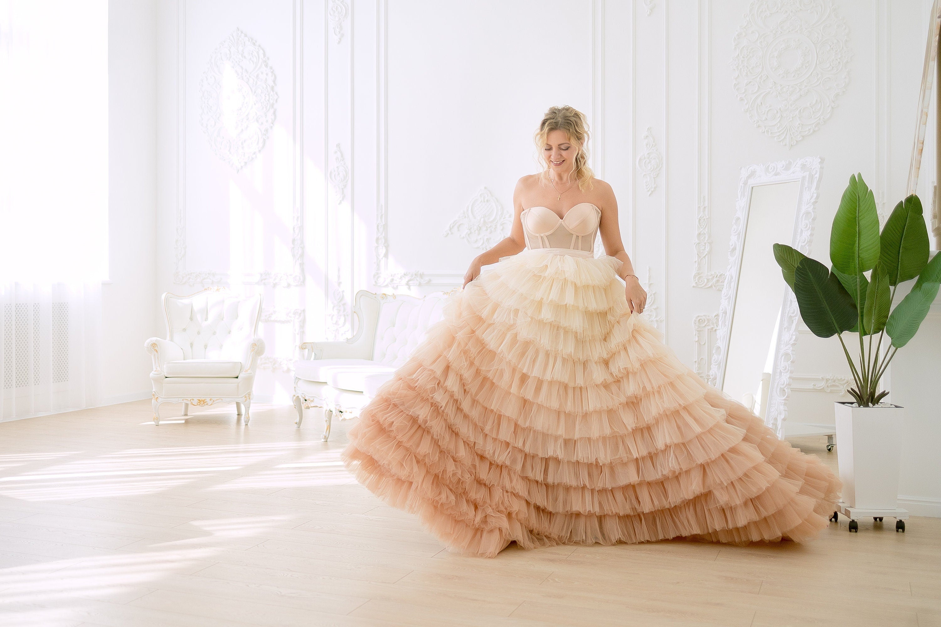 Shop Champagne Ombre Wedding Dress, Tulle Tiered Gown, Fall Style