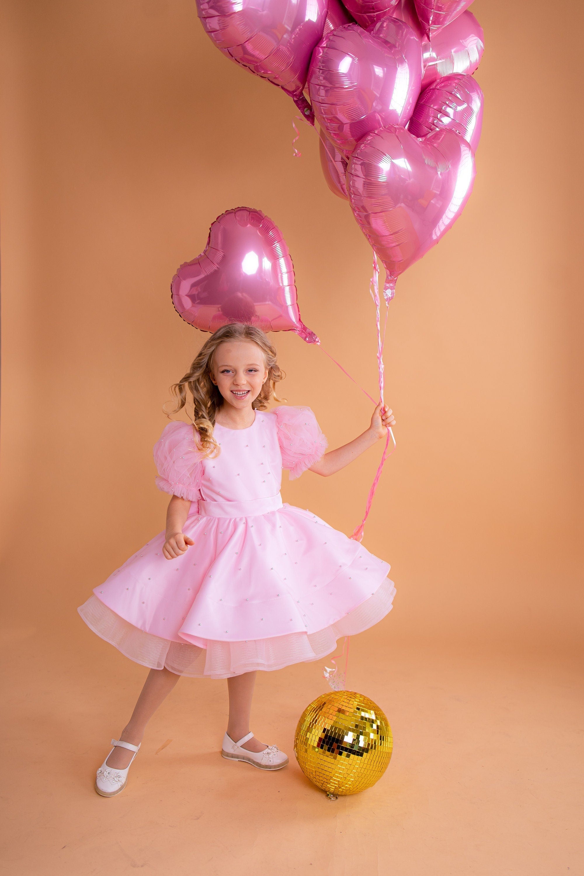 Baby Pink Tutu Dress, Pearl Girl Dress, Party Girl Dress, School Dance Dress, Birthday Girl Dress, Lantern Sleeve Dress, Photo Prop Dress 3T