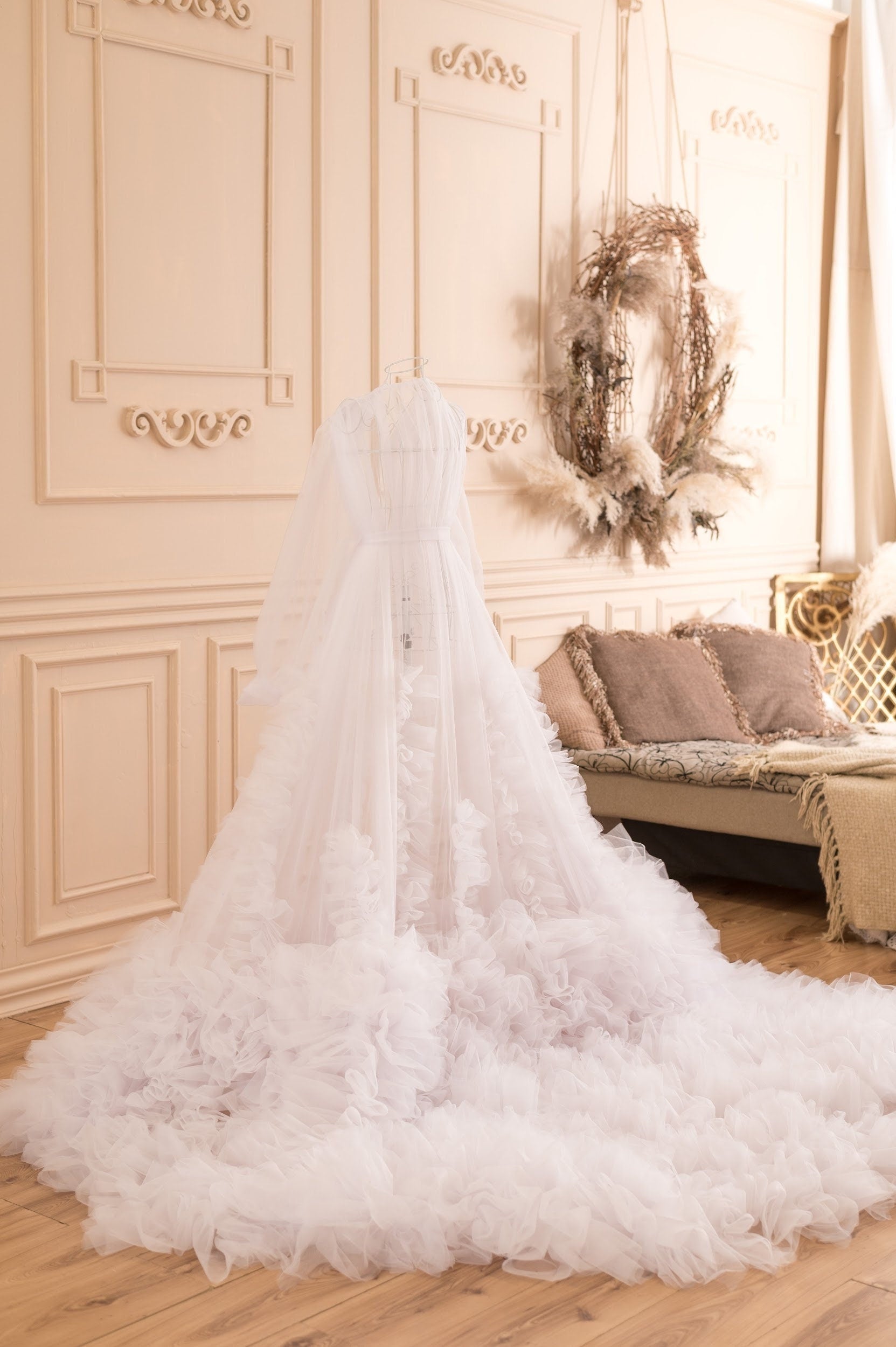 White Bridal Tulle Robe, Bridal Shower Cape, Maternity Robe For Photoshoot, Boudoir Tulle Gown, Wedding Robe, Long Sheer Cape, See Through Baby pink