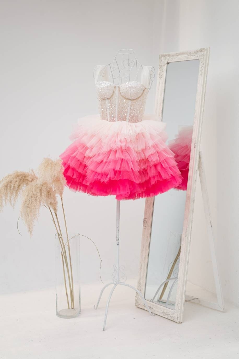 Pink Ombre Dress, Hot Pink Cocktail Dress, Sparkly Party Dress, Graduation Dress, Short Prom Dress, Mini Tulle Dress, Sequin Corset Dress S Pink Ombre Dress, Hot Pink Cocktail Dress, Sparkly Party Dress, Graduation Dress, Short Prom Dress, Mini Tulle Dress, Sequin Corset Dress S