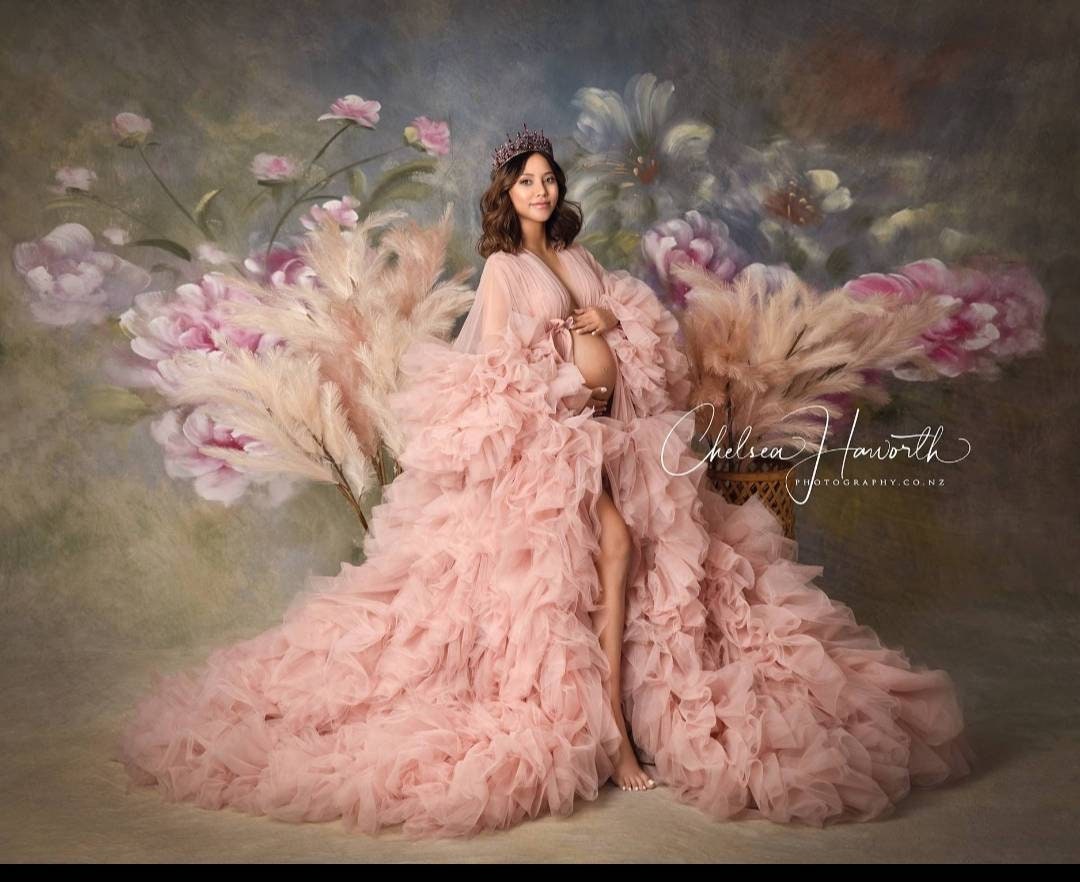 Shop Blush Tulle Robe, Maternity Boudoir Gown For Photoshoot, Marabou Robe, Tulle Pregnancy Robe, Dramatic Dress, Maternity Gown For Baby Shower -