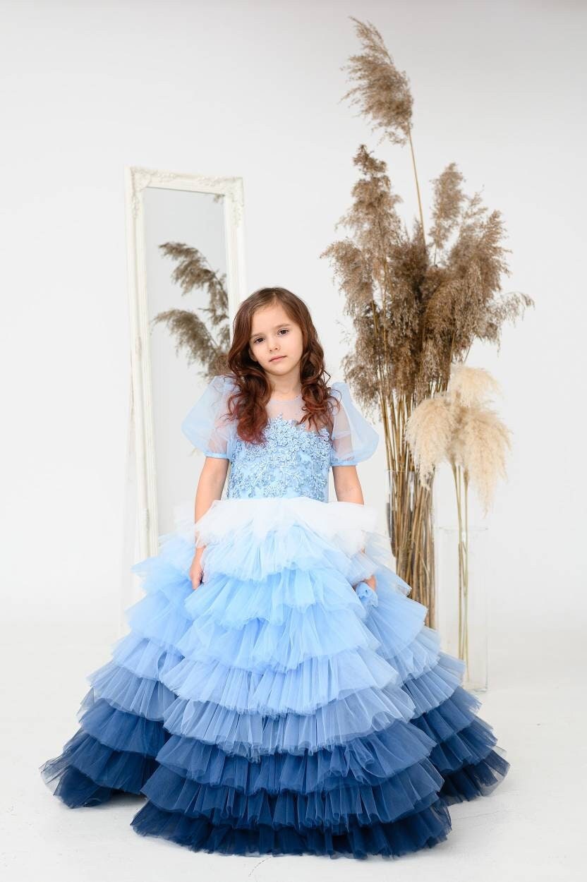 Shop Ombre Blue Ball Gown for Girls, Flower Girl Dress, Junior Bridesmaid, Pageant Dress for Girls, Graduation Dress, Toddler Tutu Dress, Puffy -