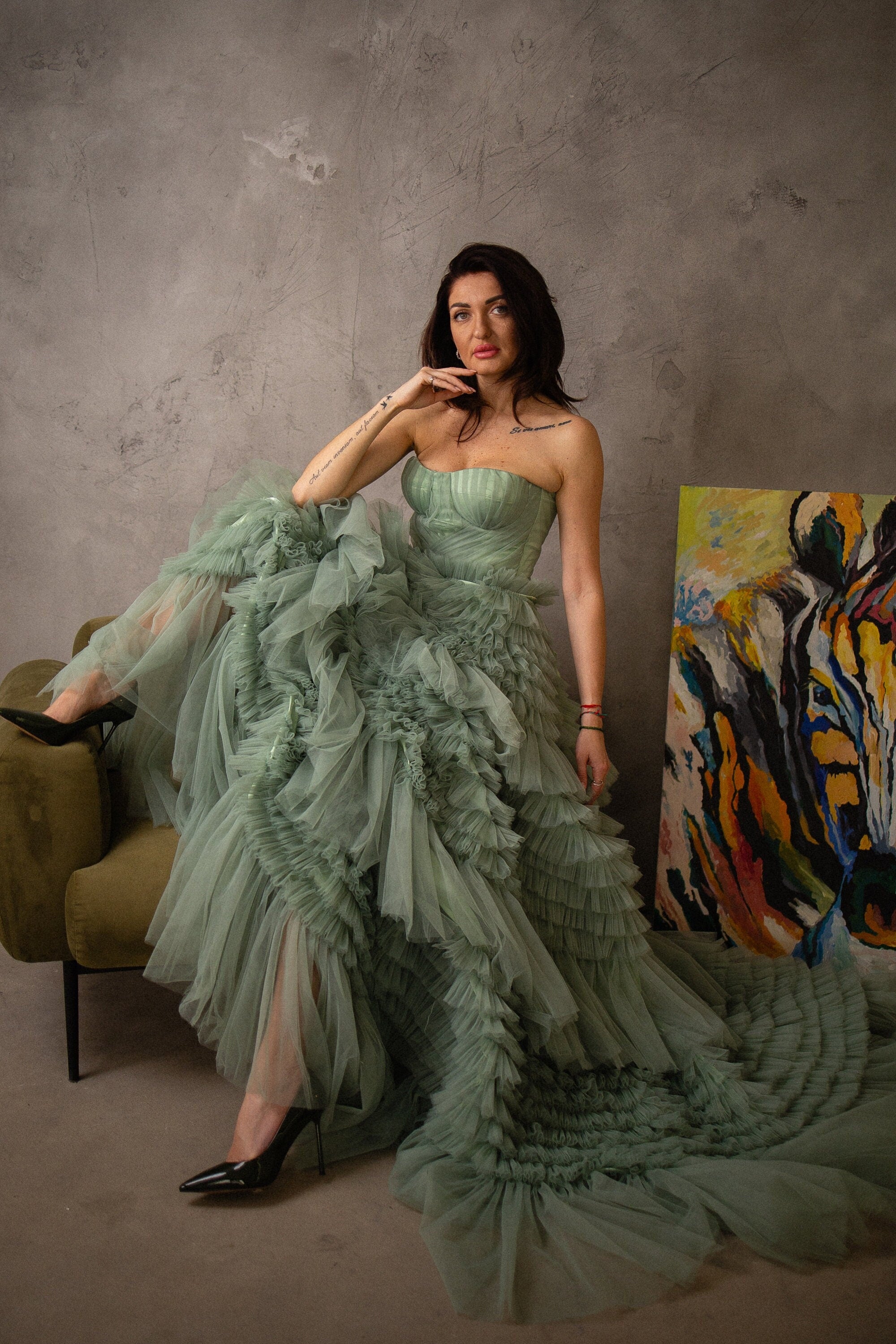 Sage Green Wedding Dress Gown, Formal Evening Gown, Black Tie Corset Dress, Tiered Tulle Dress, Green Prom Dress, Photoshoot Gala Ball Gown 12