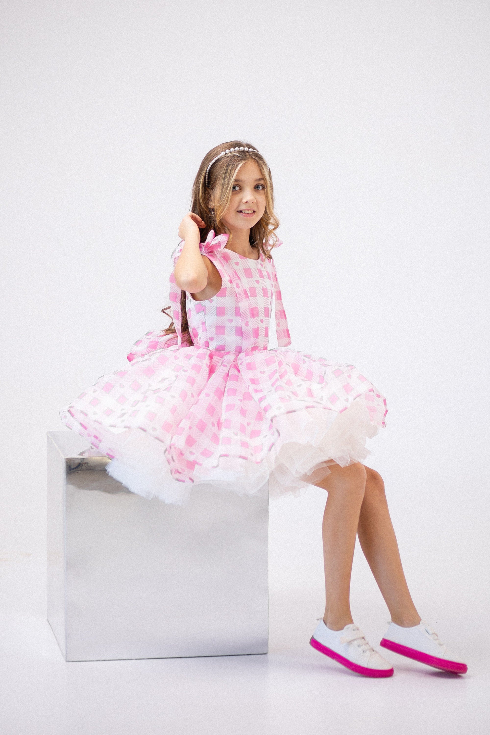 open lace back dress Lili bodysuit bow dress in baby pink gingham – Atelier Dulci main image 0