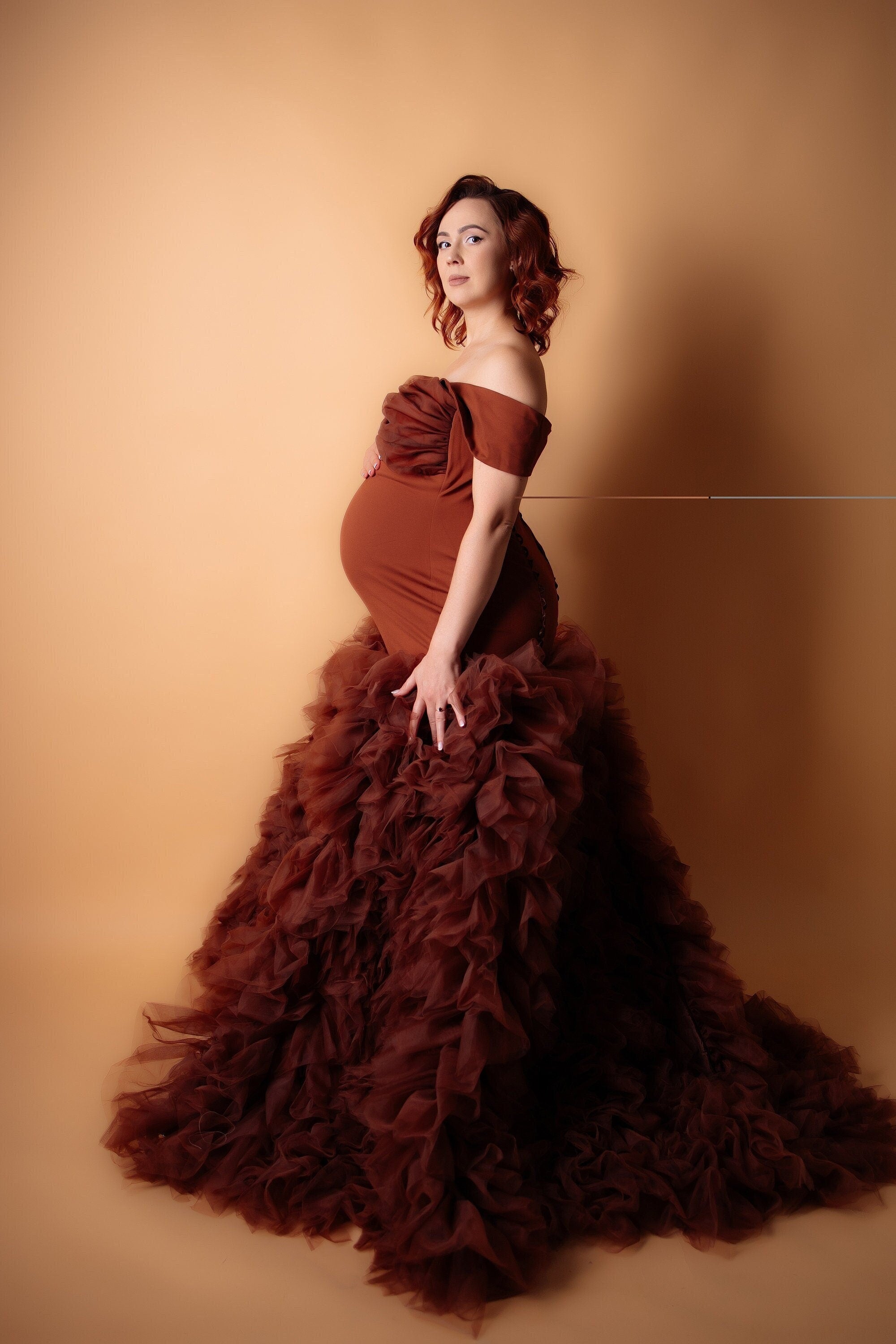 Shop Chocolate Brown Maternity Photoshoot Dress – Tiered Tulle Mermaid Pregnancy Gown for Baby Shower & Photography