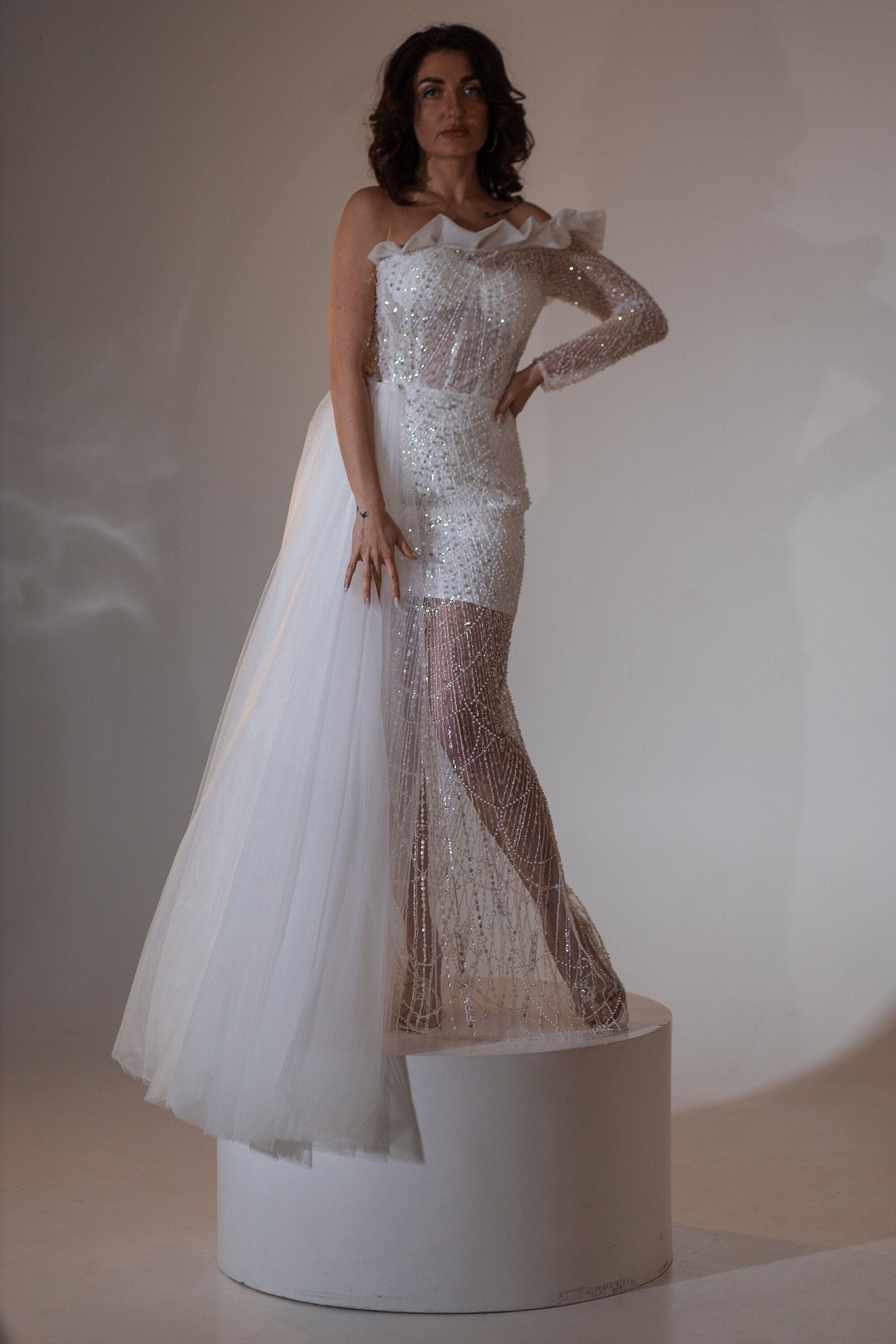 Shop One Shoulder Wedding Dress, Maxi Lace Reception Dress, After Party Bridal Dress, Sheer Elopement Dress, Beaded Dress With Detachable Train