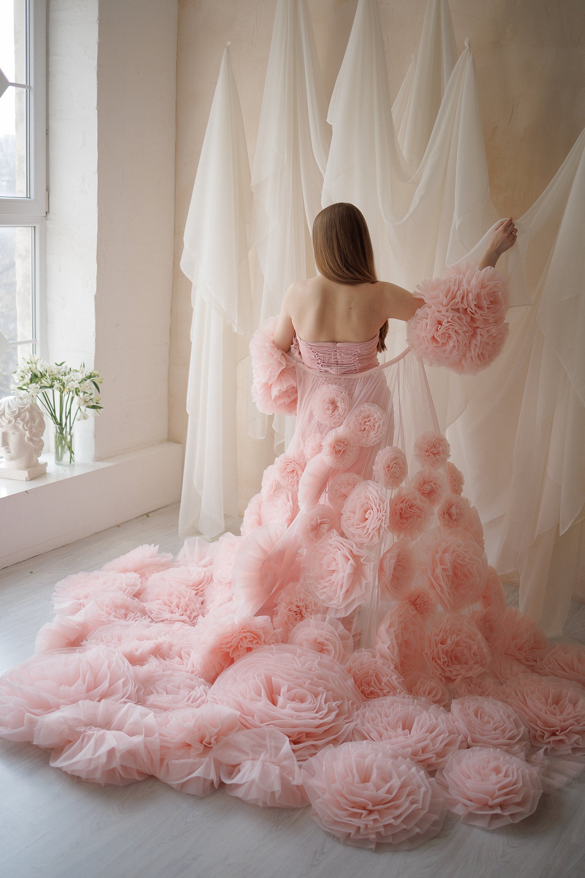 floral pink wedding dress Off the Shoulder Vintage Dresses Lace Applique Wedding Dresses AWD1120 Ideal for brides seeking a gown that combines classic beauty with captivating details Gorgeous Light Pink Floral Lace