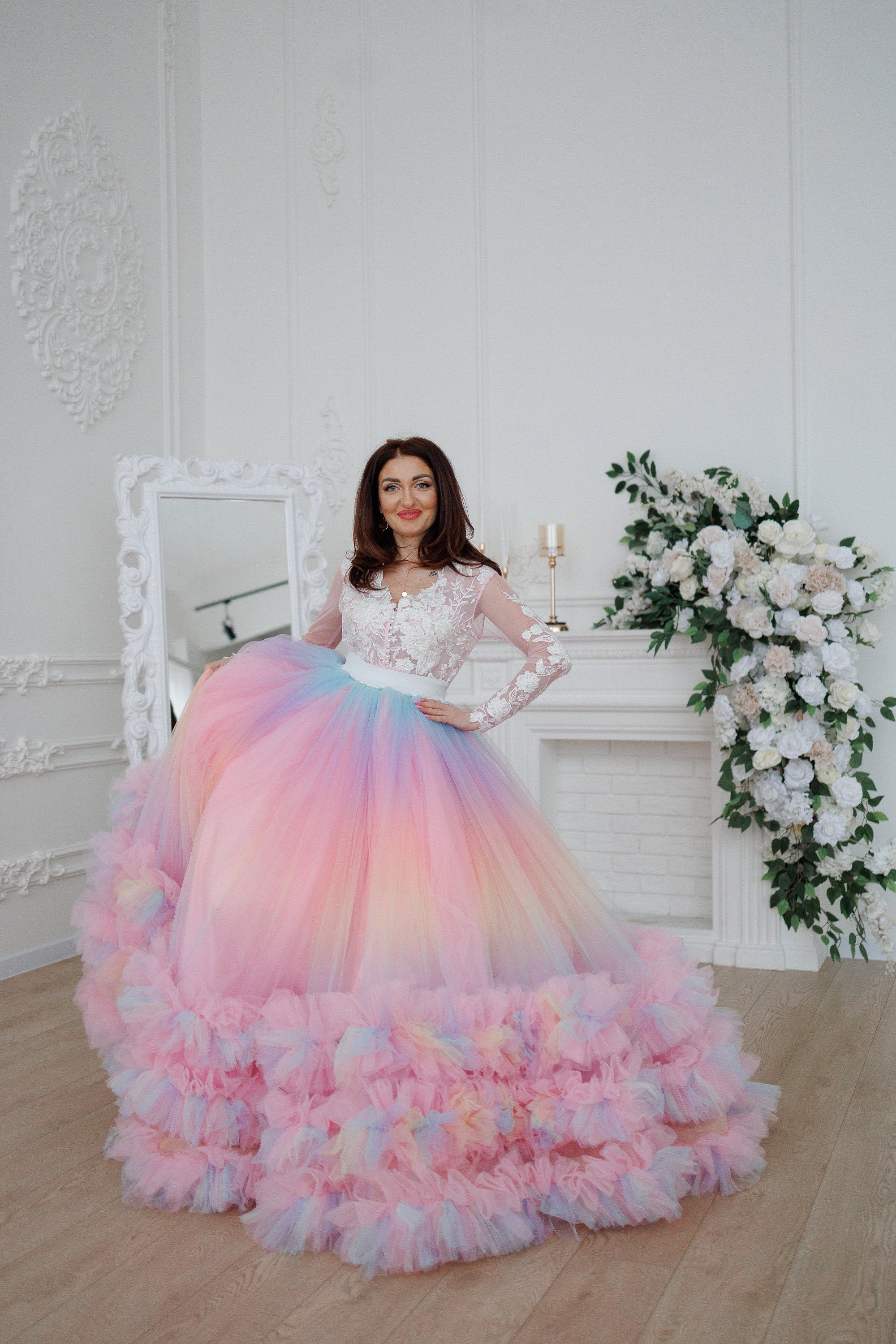 Tie Dye Wedding Skirt Separates Colorful Bridal Skirt Ombre Tulle Skirt with Flounce Wedding Bridal Gowns Separates Couture Gown XL