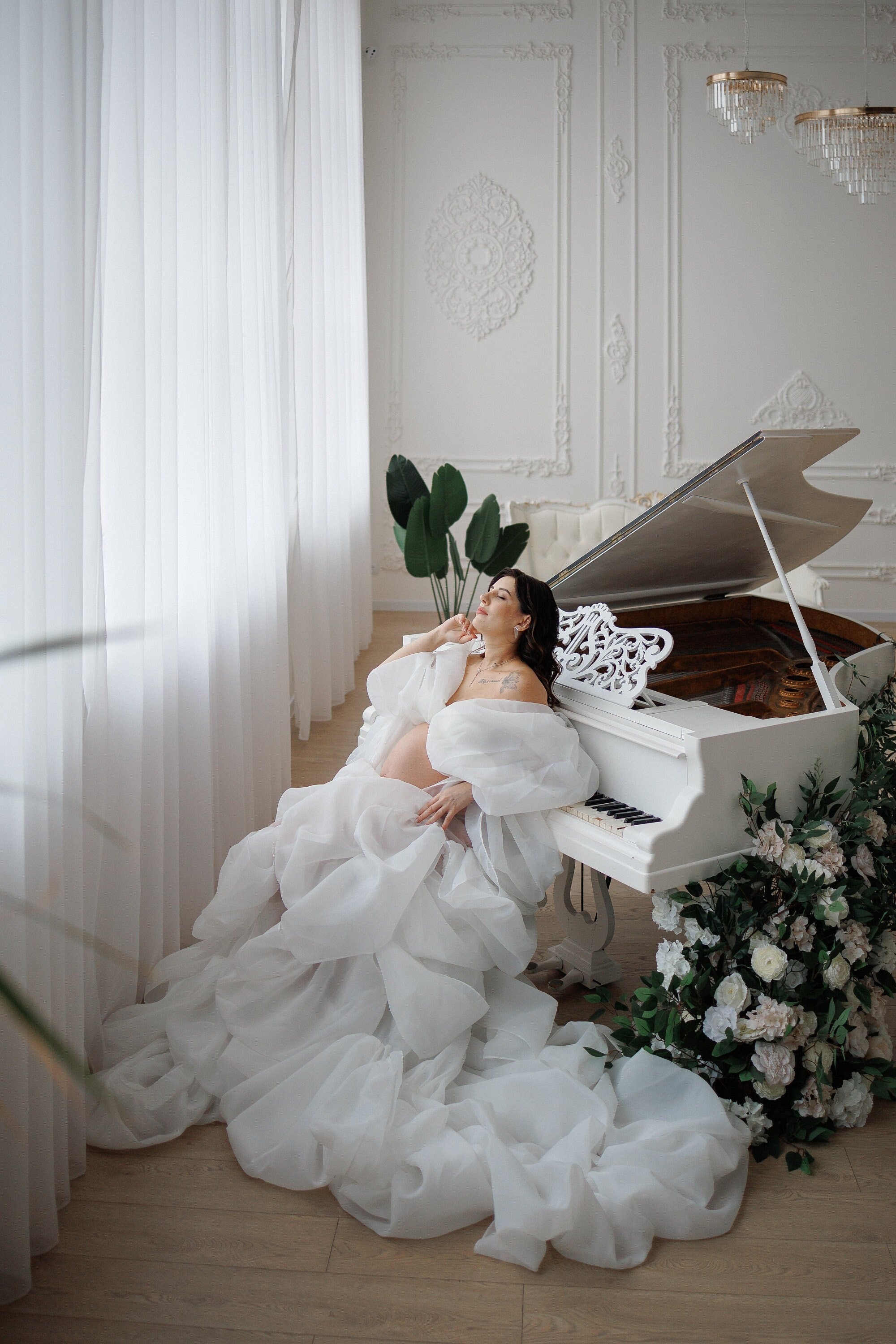 Shop White Open Belly Maternity Cape, Boudoir Gown With Train, Ruffle Organza Bridal Cape For Photoshoot, Pregnancy Gown, Maternity Photos Outfit