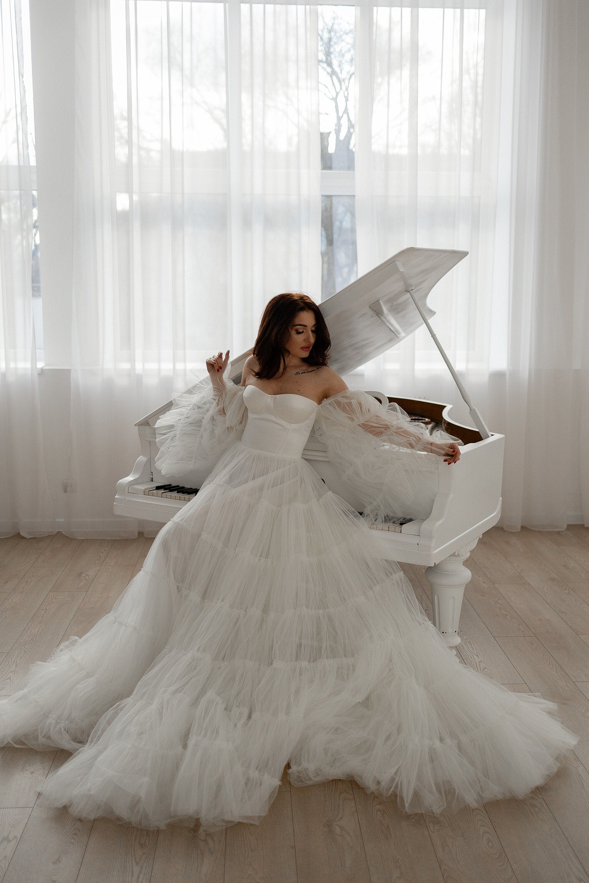 Shop White Tiered Tulle Wedding Dress, Fall Wedding Dress, Ruffle