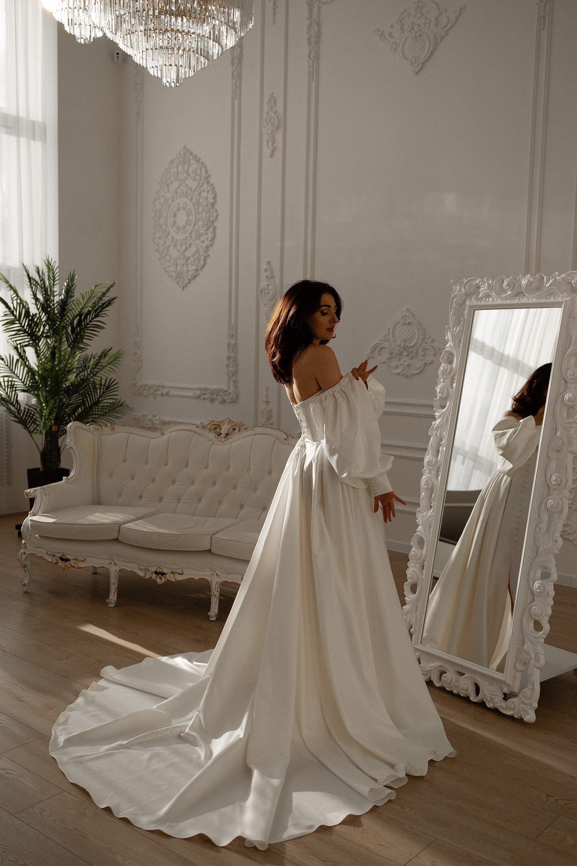 Off White Wedding Dress Simple, Elopement Dress, Corset Dress With Sleeves, Satin Wedding Gown, Engagement Photo Dress, Minimalist Reception M