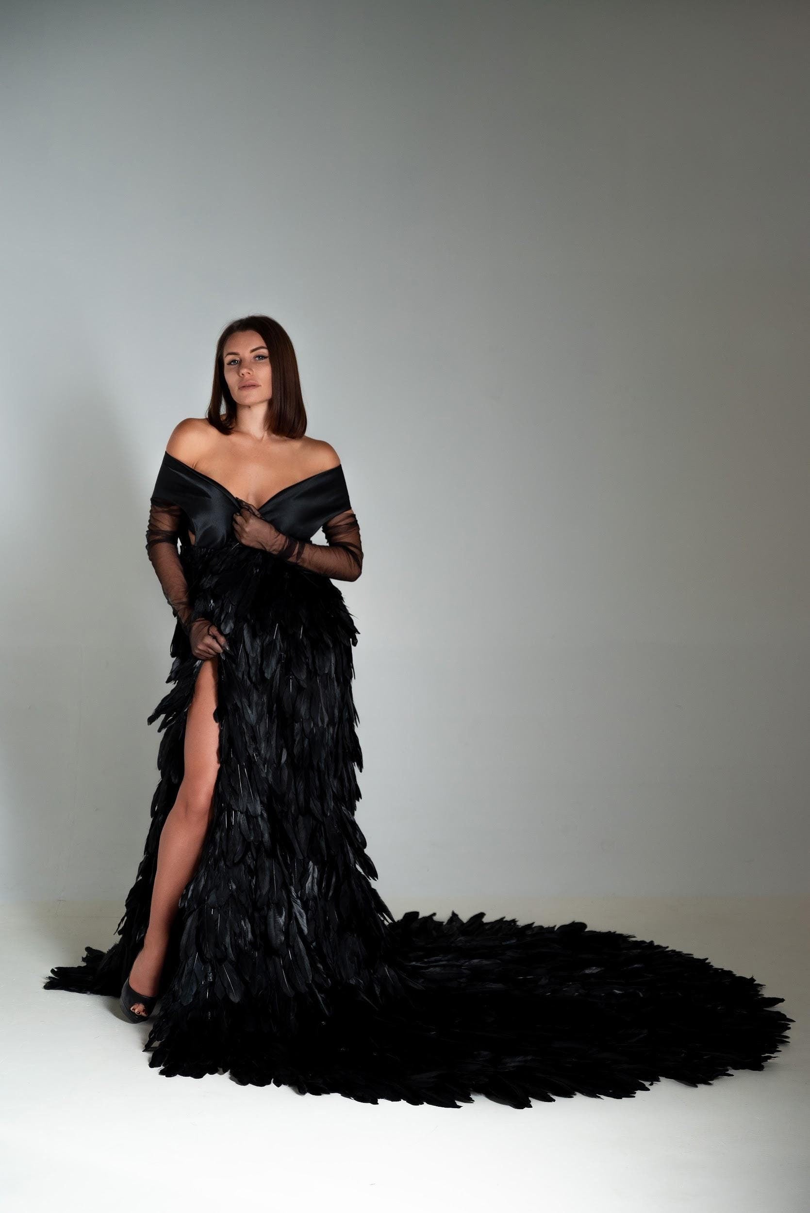 Black Feather Gown, Dark Angel Costume, Black Gothic Wedding Dress, Halloween Costume, Fantasy Feather Gown, Maxi Raven Dress With Train Black / 1X Black Feather Gown, Dark Angel Costume, Black Gothic Wedding Dress, Halloween Costume, Fantasy Feather Gown, Maxi Raven Dress With Train Black / 1X