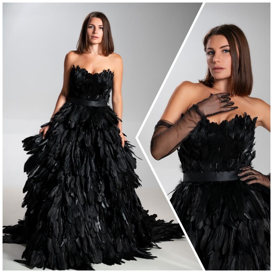Shop Black Feather Ball Gown, Gothic Wedding Dress, Maxi Dark Angel Gown, Black Swan Dress With Train, Halloween Costume, Fantasy Gown, Raven - Shop Black Feather Ball Gown, Gothic Wedding Dress, Maxi Dark Angel Gown, Black Swan Dress With Train, Halloween Costume, Fantasy Gown, Raven -