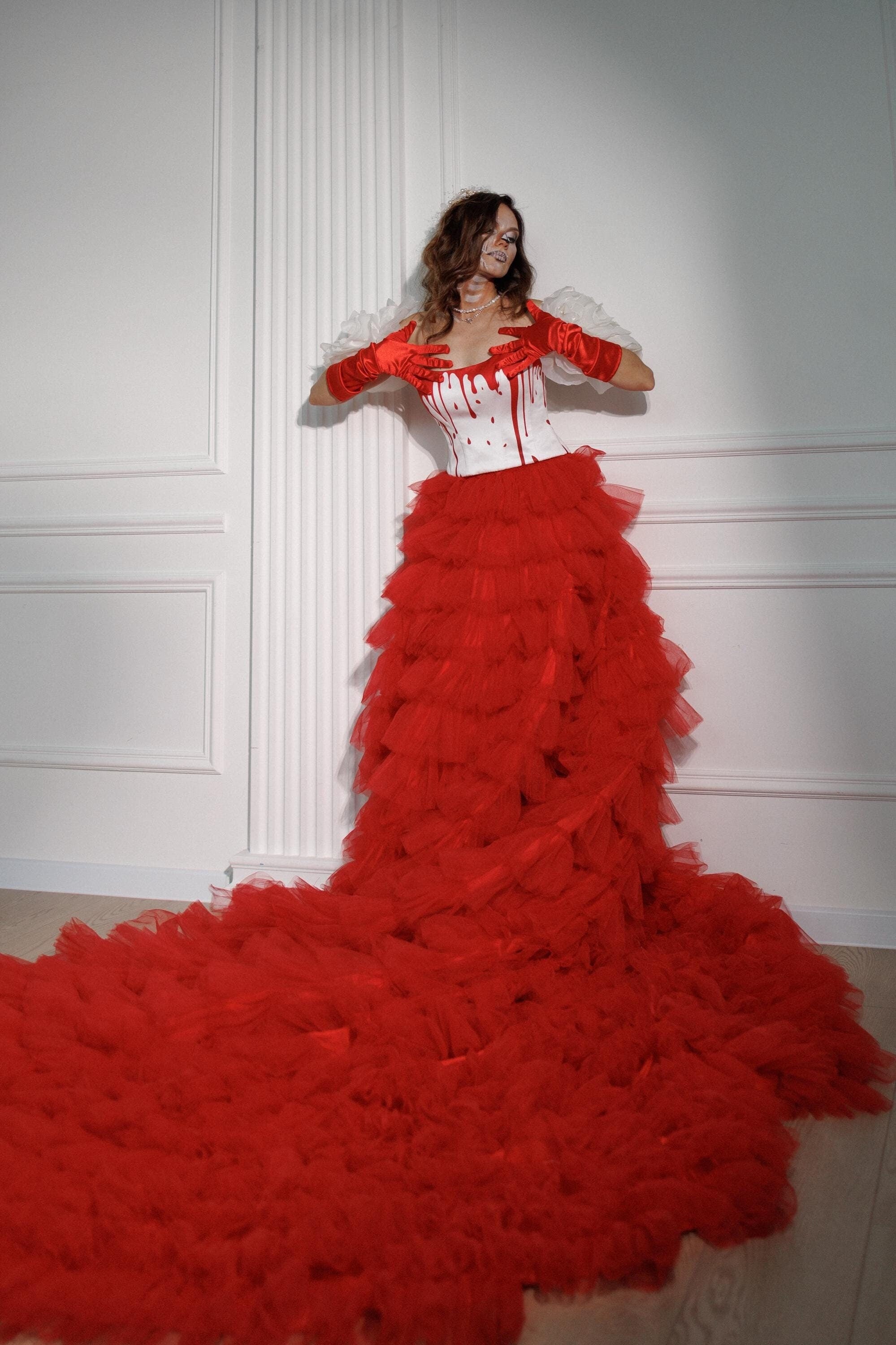 Red White tulle Tiered Skirt with painted bloody corset for Halloween wedding 10