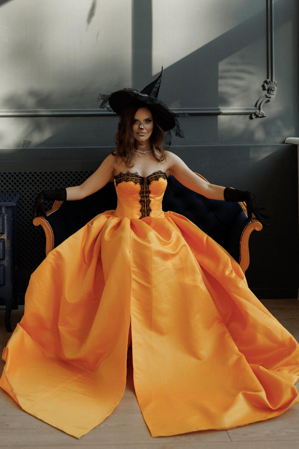 halloween costume with orange dress Orange and Black Witch Women Adult Halloween Costume