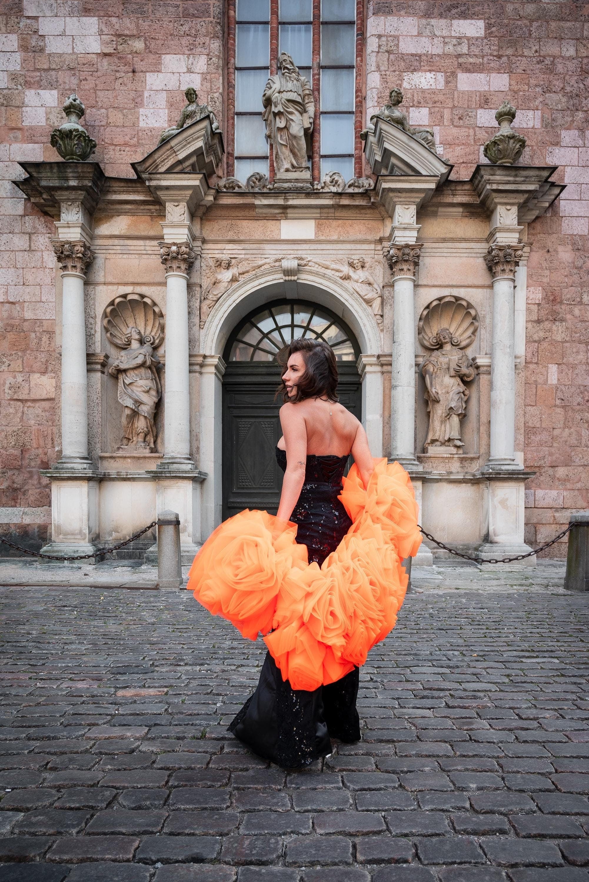 Shop Orange Couture Cape for Photoshoot, Fall Style Volumetric Cape with 3D Flowers, Halloween Accessories, Detachable Black Tie Cape, Cloak -