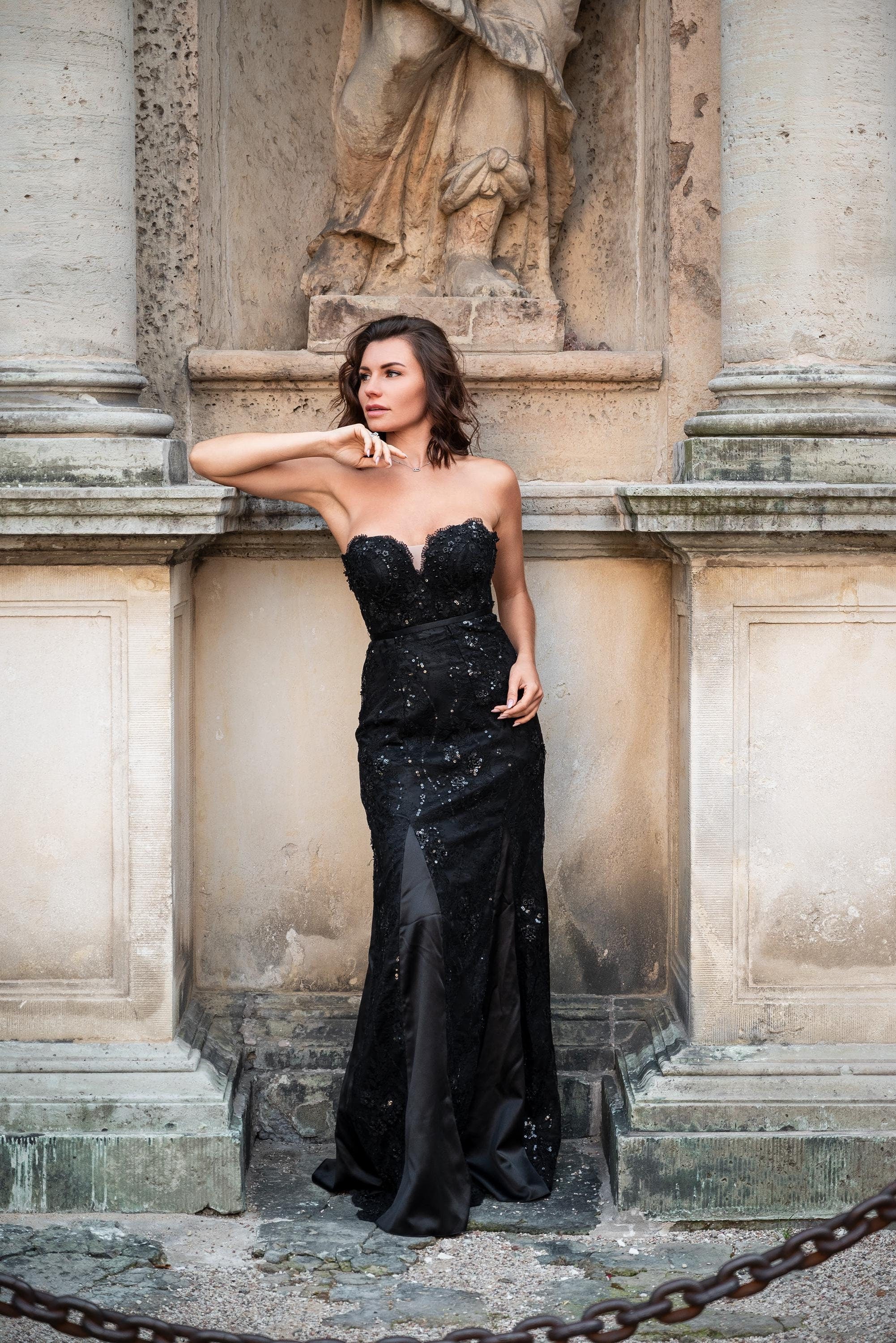 Black French Lace Evening Dress, Halloween Wedding Dress, Gothic Lace Wedding Dress, Reception Dress, Maxi Lace Dress with corset top Part 16
