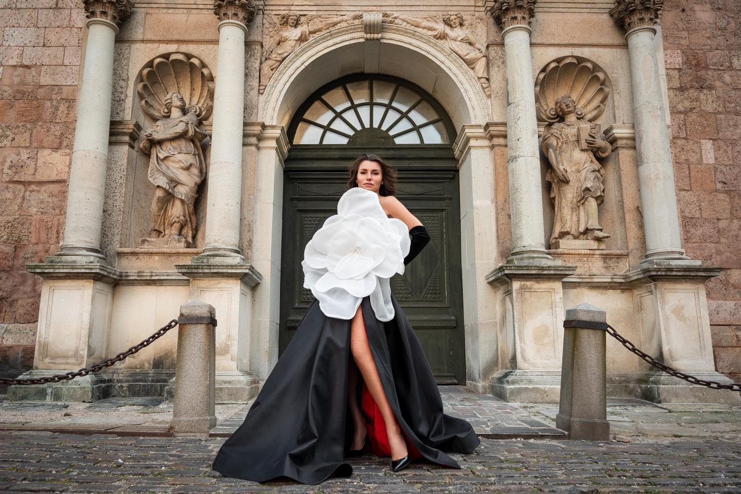 Shop Black Maxi Dress with Corset and White 3D Large Flower, Black and White Wedding Dress, Enormous Detachable Flower, Evening High Slit Dress -