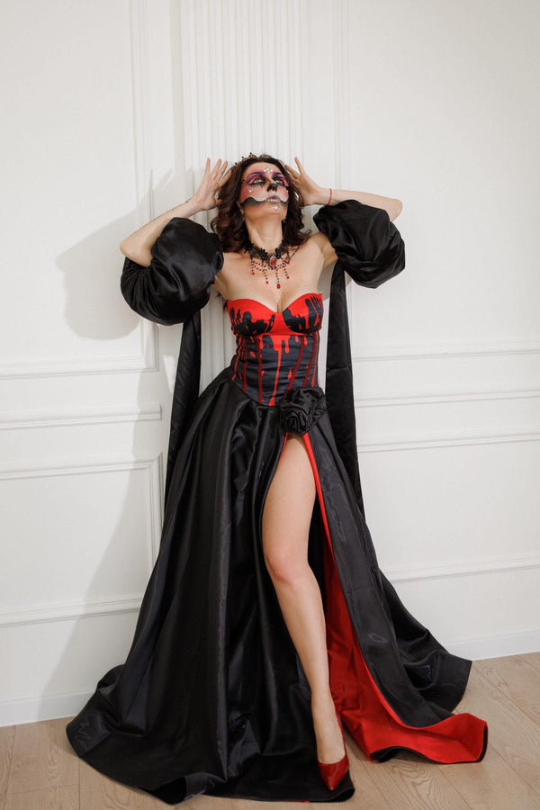 women's red and black sexy dress for a vampire coronation Shop Gothic Costume, Adult Halloween Costume, & Corset Skirt Set, Dark Angel Costume, Priestess Dress, Dark Fairy Gown group_size:standard:short-sleeve-a-line-dress-l14353-navy youll be the most Adult Dress:XXL Cute Short Sleeves Black