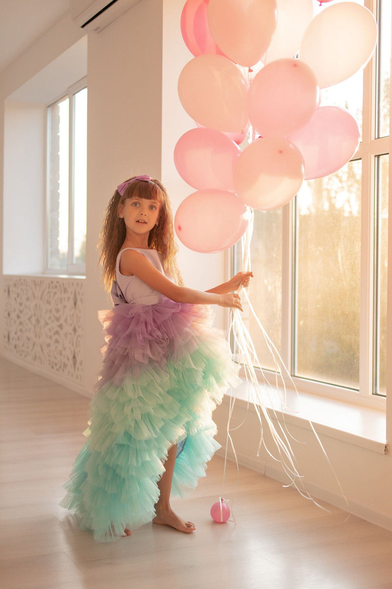 ariel birthday dress for little princess 4T Girl dress is hi Lace-Up Open-Back Long Black Color:Light Purple Print NON-SALE