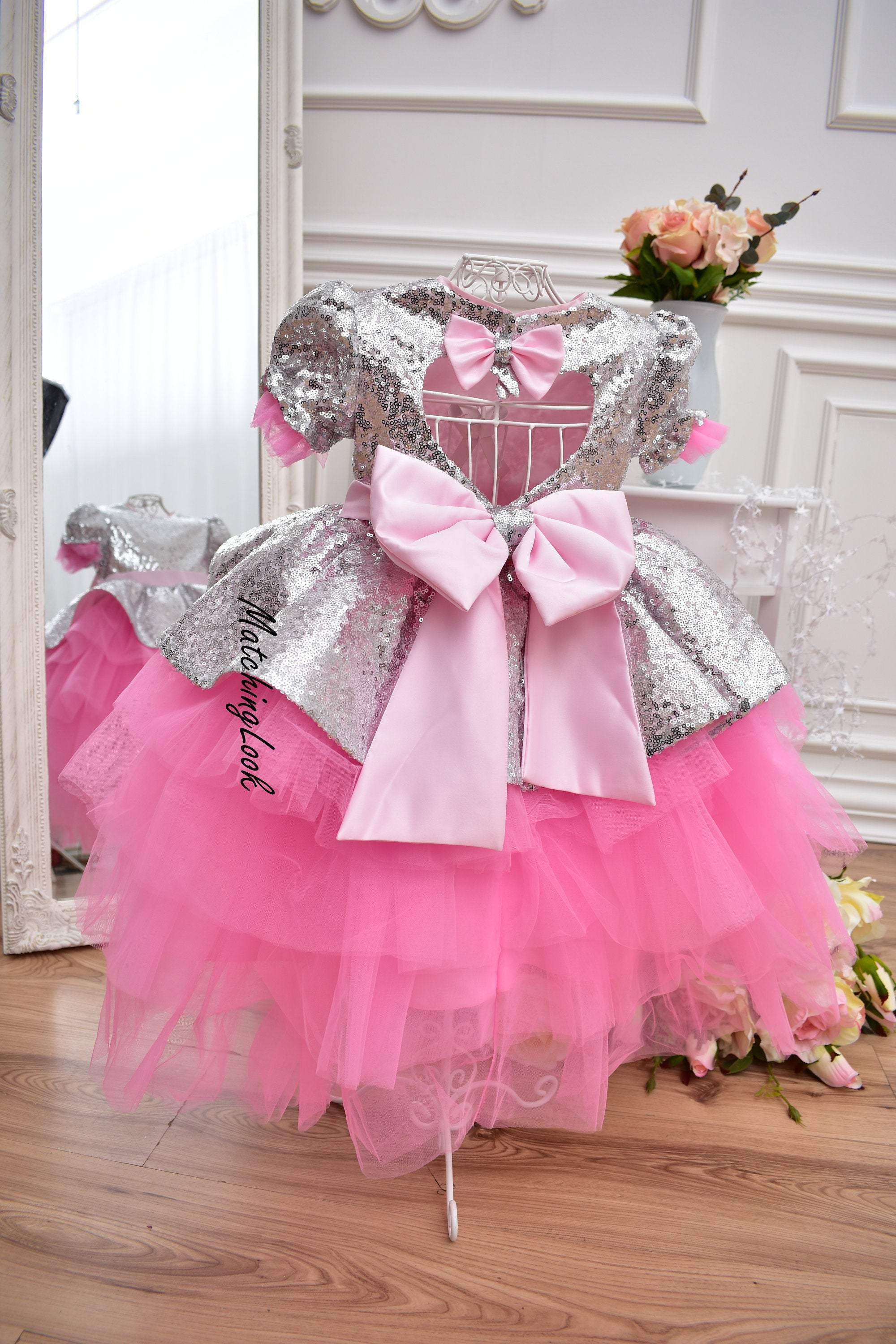 Angelic Flower Girl Pearl White Dress with Rose Pink Sash, Tulle Gown -  Grace and Lucille