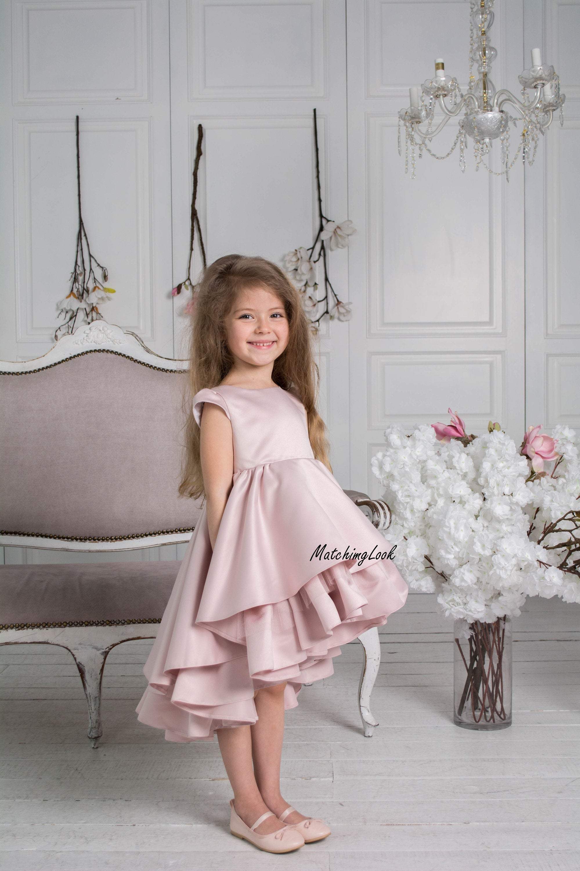 LESY Girls Fuchsia Pink & Gold Floral Tulle Special Occasion Dress