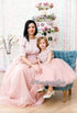 Blush pink mommy and me tutu maxi dresses with V open back