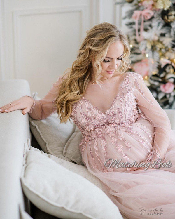 Shop Blush pink pregnancy tulle dress with beaded lace and train - Customizable and Made-to-Order Dresses Shop Blush pink pregnancy tulle dress with beaded lace and train - Customizable and Made-to-Order Dresses